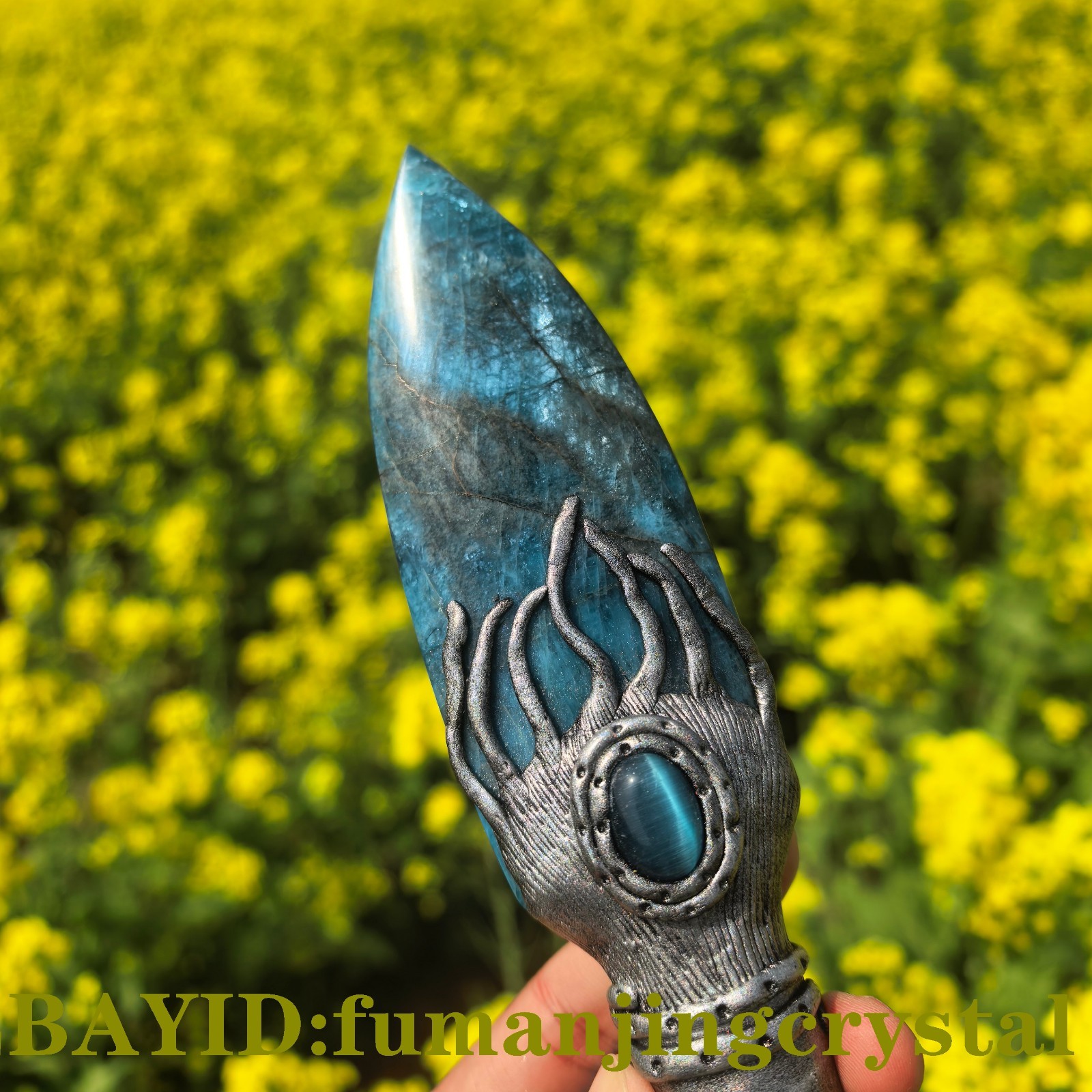Blue apatite Knife , Handmade Carved Crystal Raw Sorceress Collectible gifts
