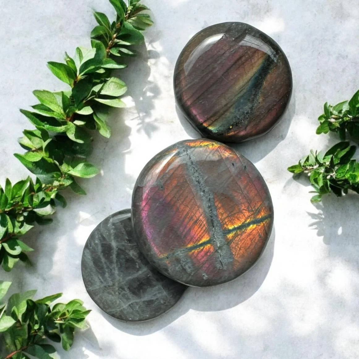 Sunset Flash Labradorite Flat Worry/Palm Stone: Vivid Pink, Purple & Orange