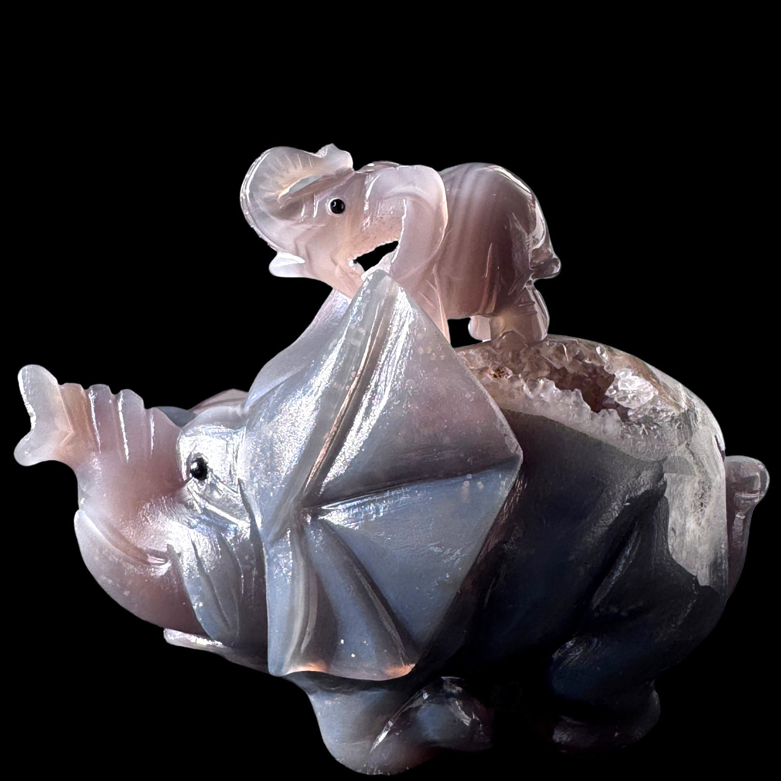 Agate Geode Elephant Sculpture – Carved from a Natural Cave of Stone & Crystal