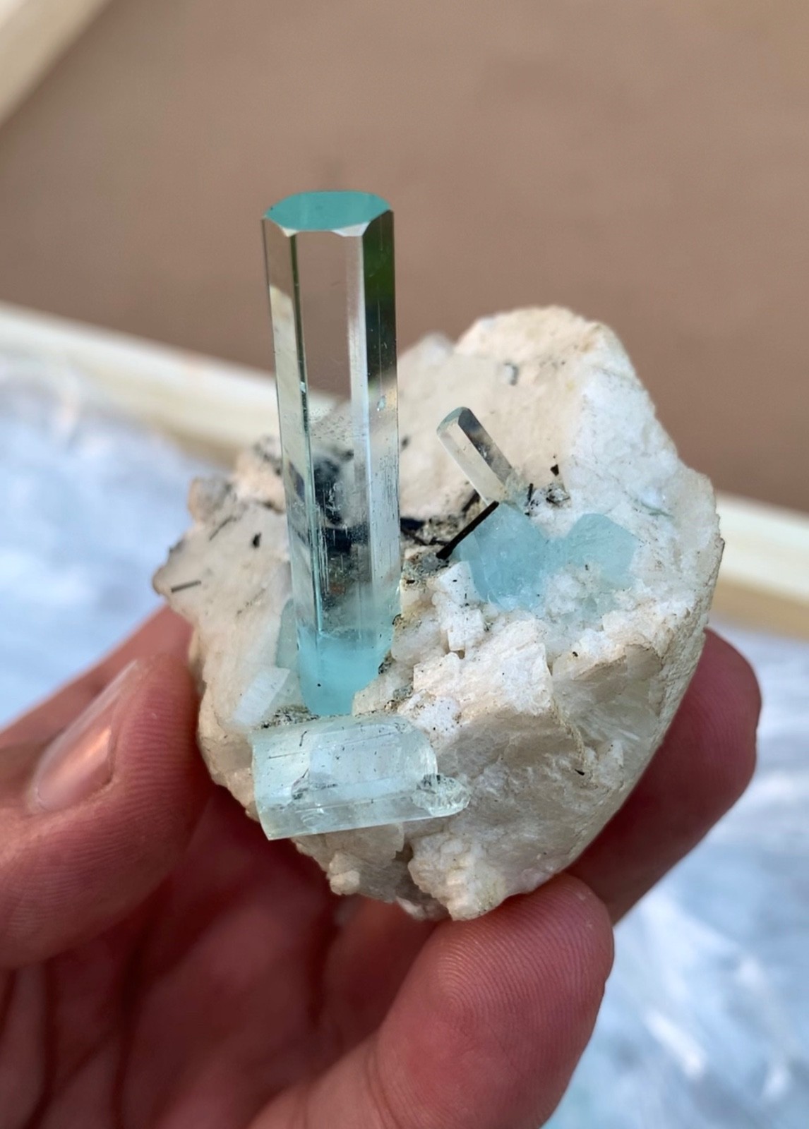 Natural rich blue aquamarine crystal with albite and schorl from skardu,Pakistan