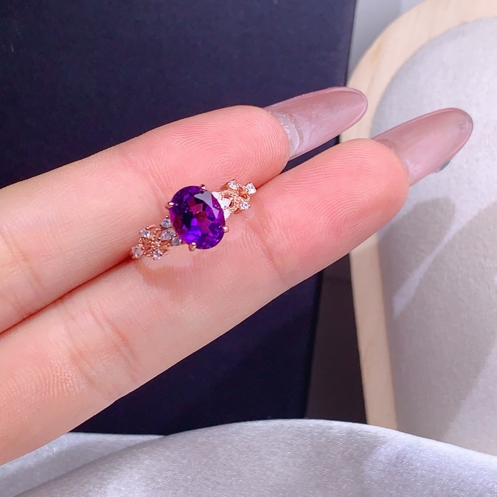 Natural Amethyst Open Adjustable Ring Gemstone S925 Silver Plated 18K Gold Gift
