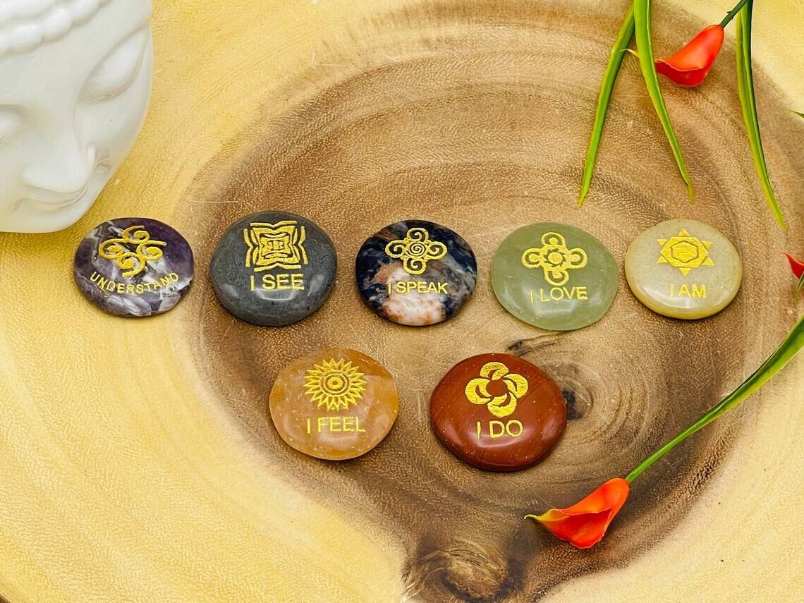 7 Chakra Round Palm Smooth Stone Set Engraved Affirmation Symbols, Velvet Pouch