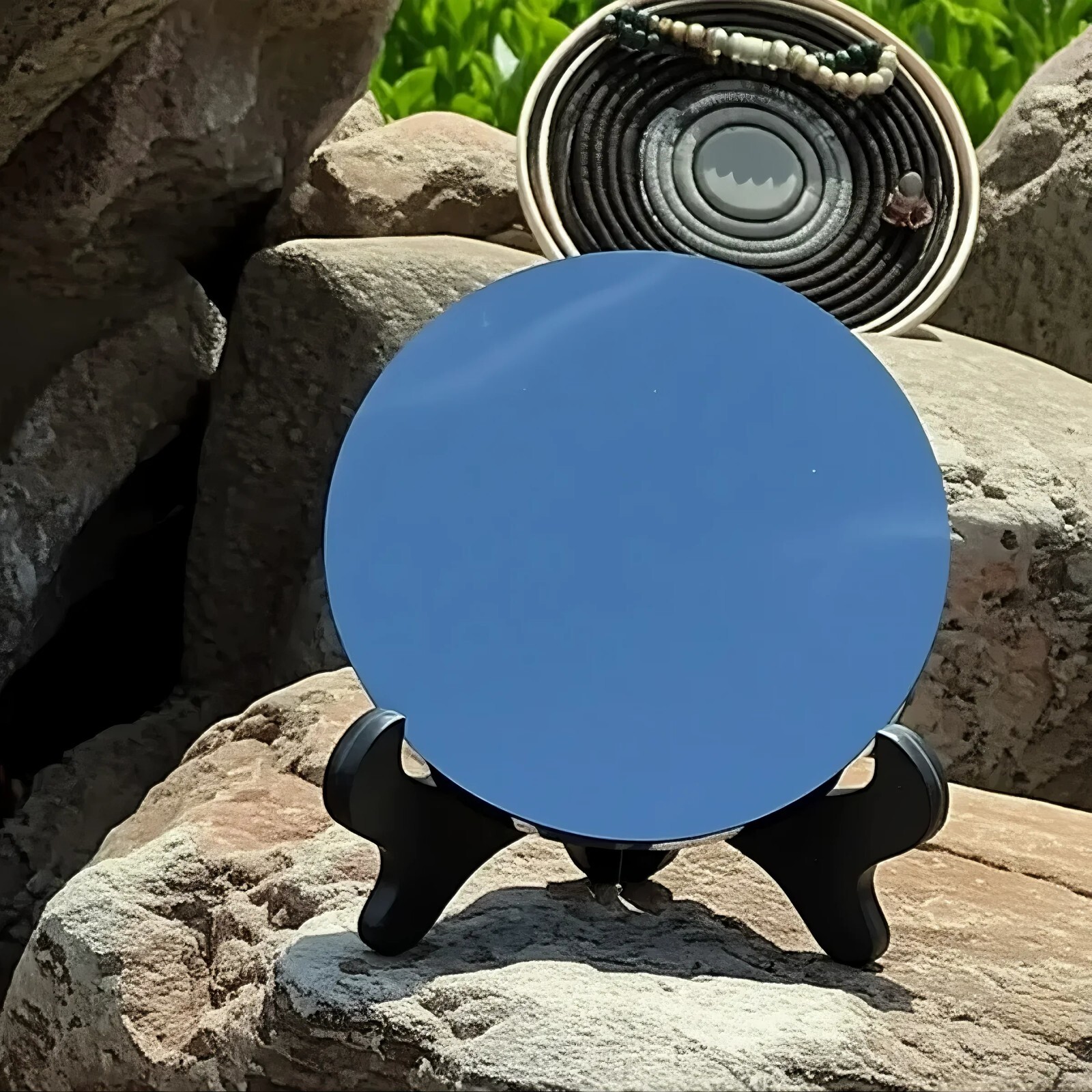 Genuine Obsidian Mirror Black Crystal Scrying Plate Home Decoration with Stand