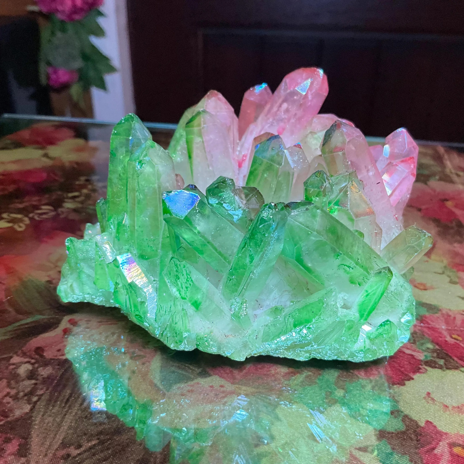 Pink & Green Aura Quartz Crystal Cluster ~ Large 1 Lb. 4 oz. ~ 4″ Long ~ Electr