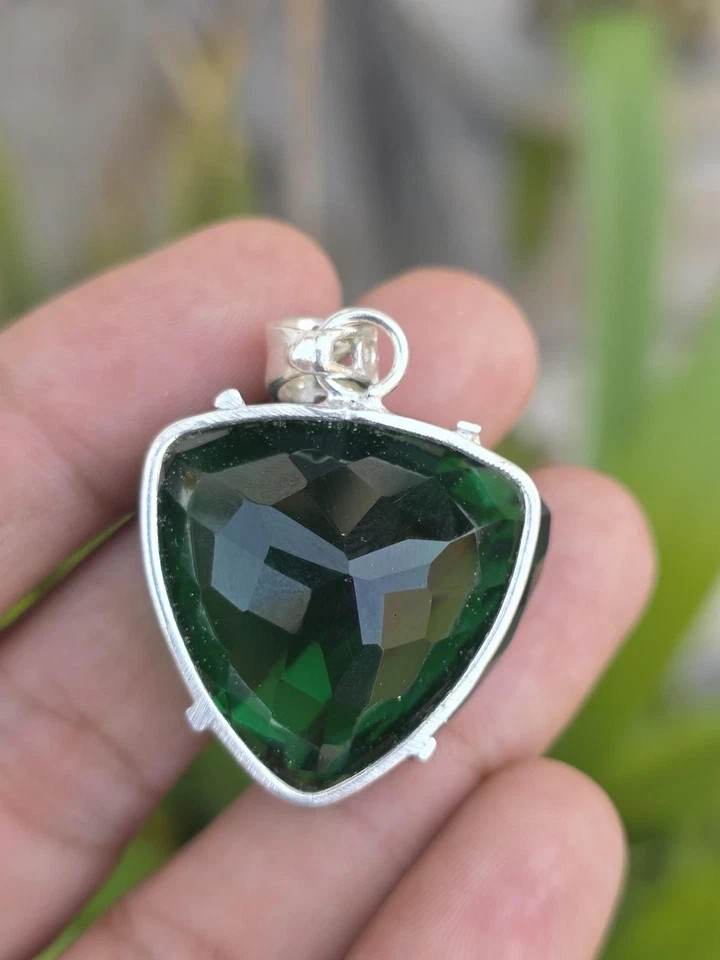 100 CT Natural Green Trillion Topaz 925 Solid Silver Pendant Gemstone Certified