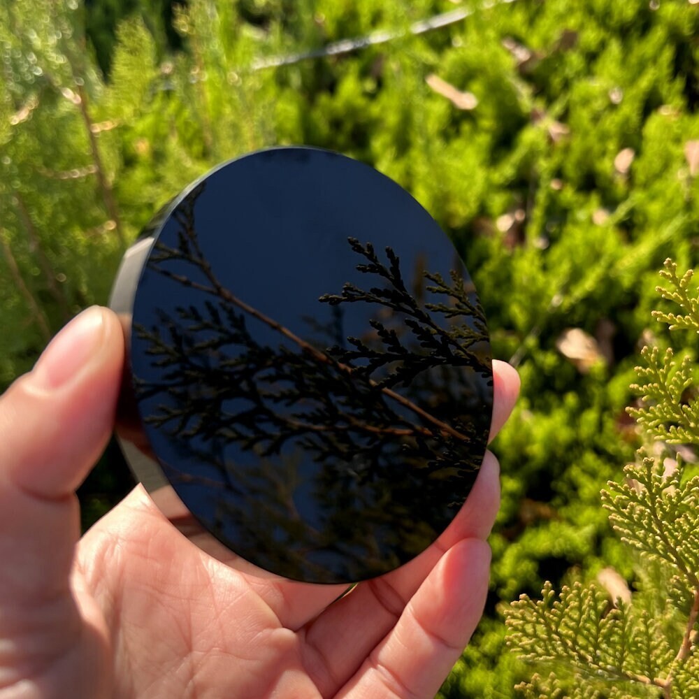 Natural Obsidian Mirror Black Crystal Scrying Plate Home Decoration with Stand