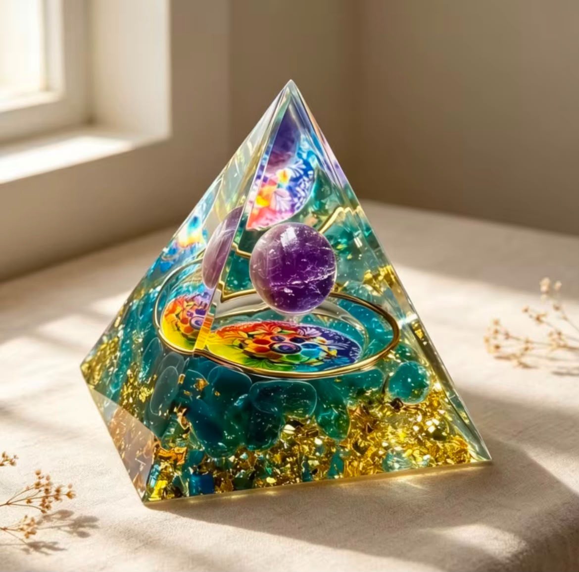 7 Chakra Amethyst Orgonite Pyramid Spiritual Balance Yoga Meditation Decoration