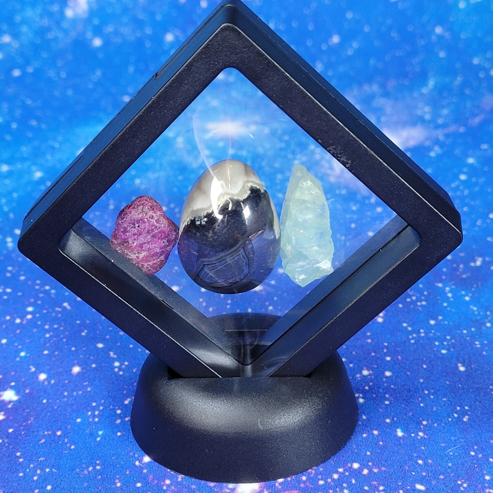 3 UV Glow Reactive Minerals: Ruby, Volcano Agate, Fluorite in Floating Display