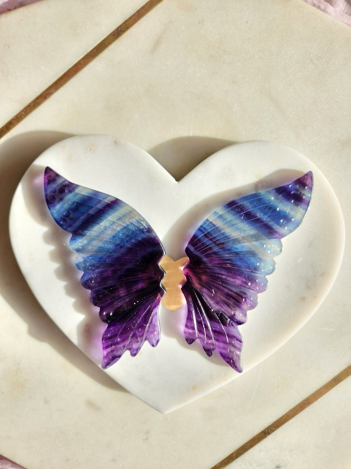 Carved Colorful Rainbow Flourite Butterfly Wings With Stand
