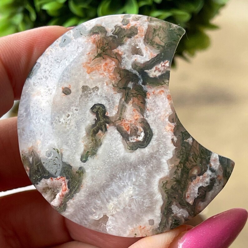 Natural Moss Agate Moon Crystal Carving W/Green Pink Moss & White Quartz