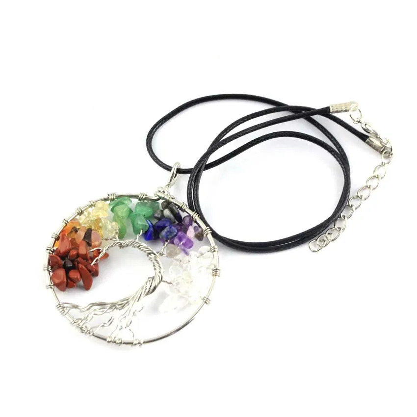 KFT Natural Tree of Life Stone Pendant Amethysts Crystal Reiki Wire Wrapped roun