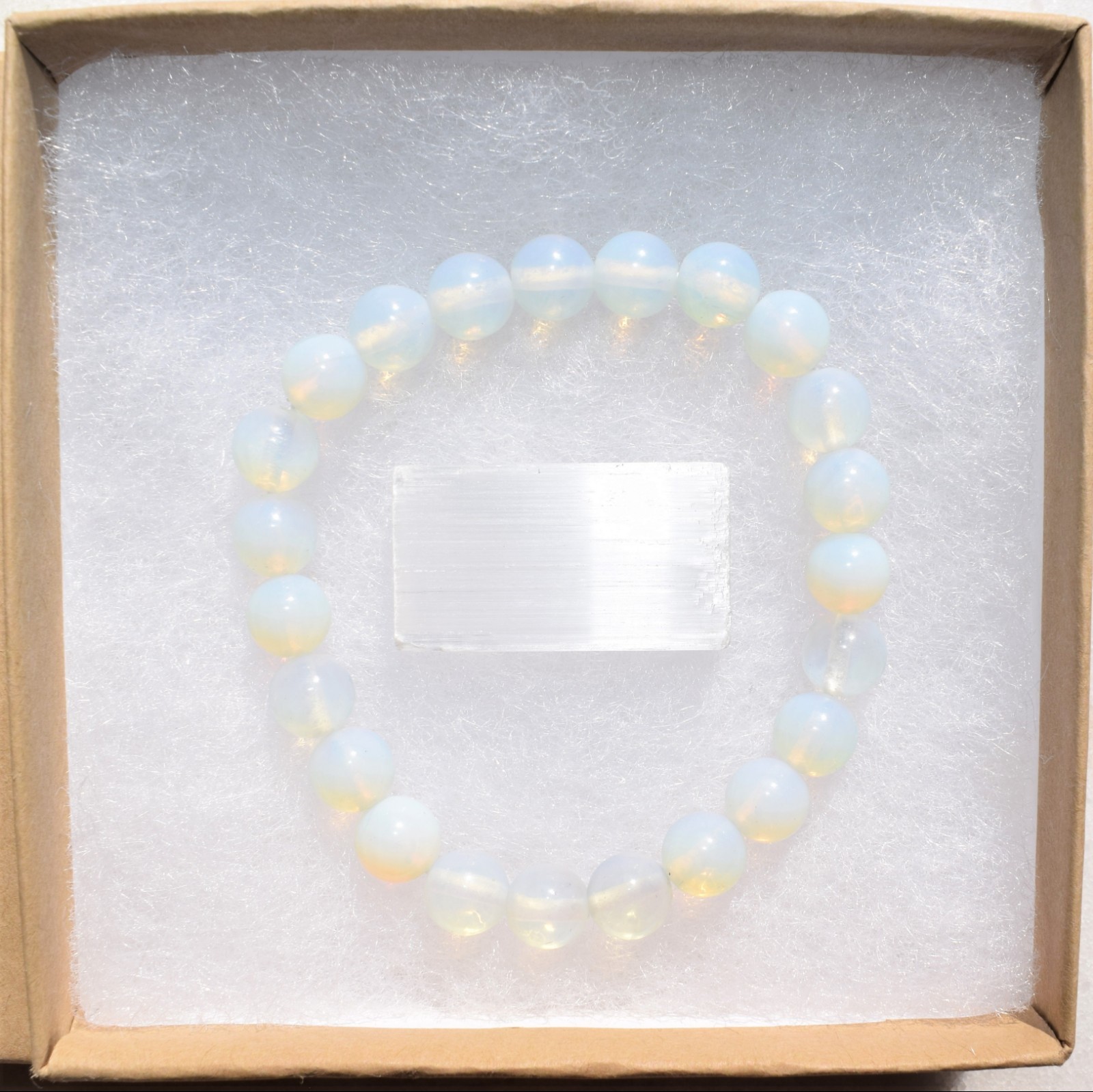CHARGED Radiant Opalite Crystal 8mm Stretchy Bracelet + Baby Selenite Heart