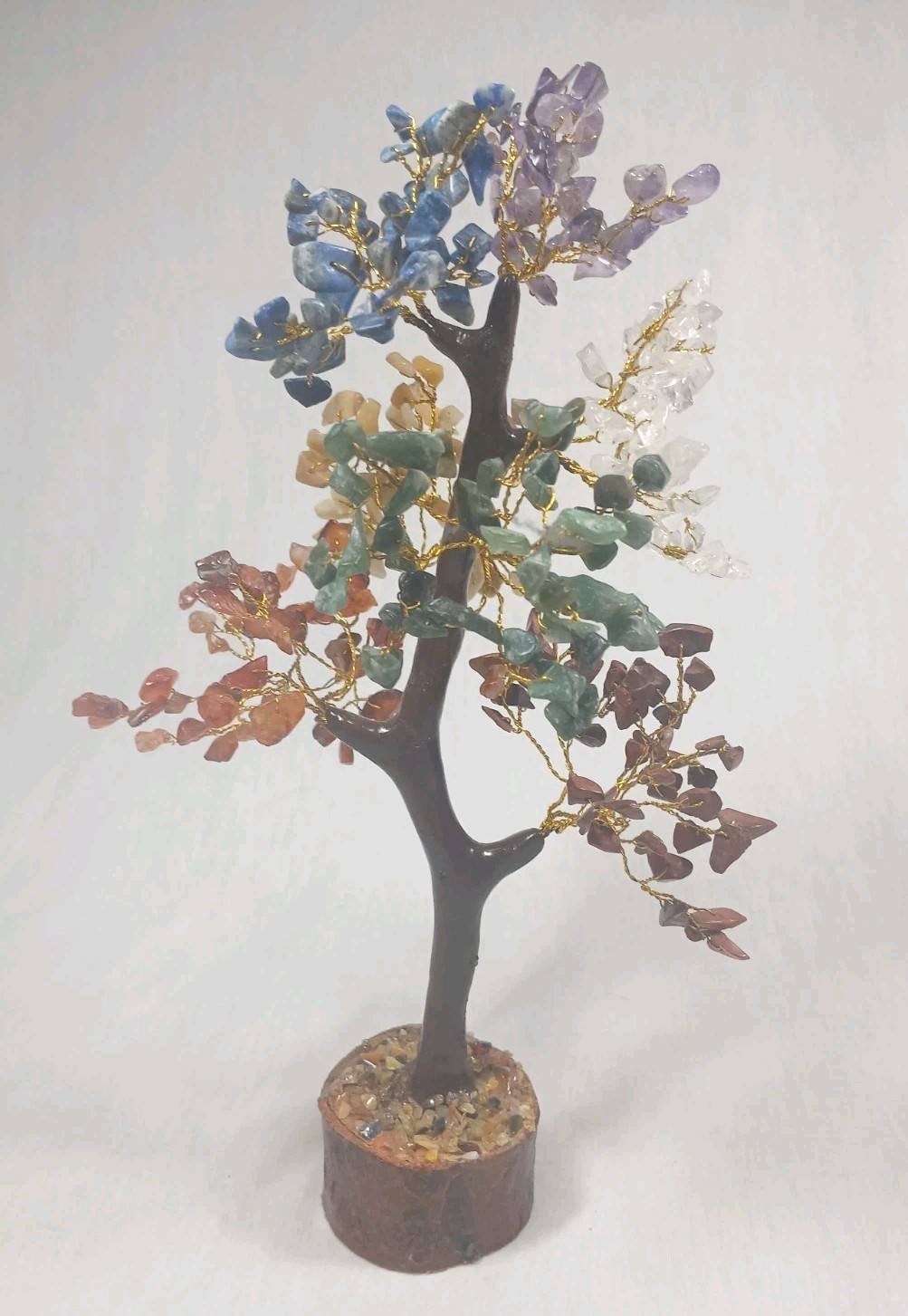 Seven Chakra Tree of Life Gemstone Wire Bonsai Tree Wood Base 10+ Inches Tall