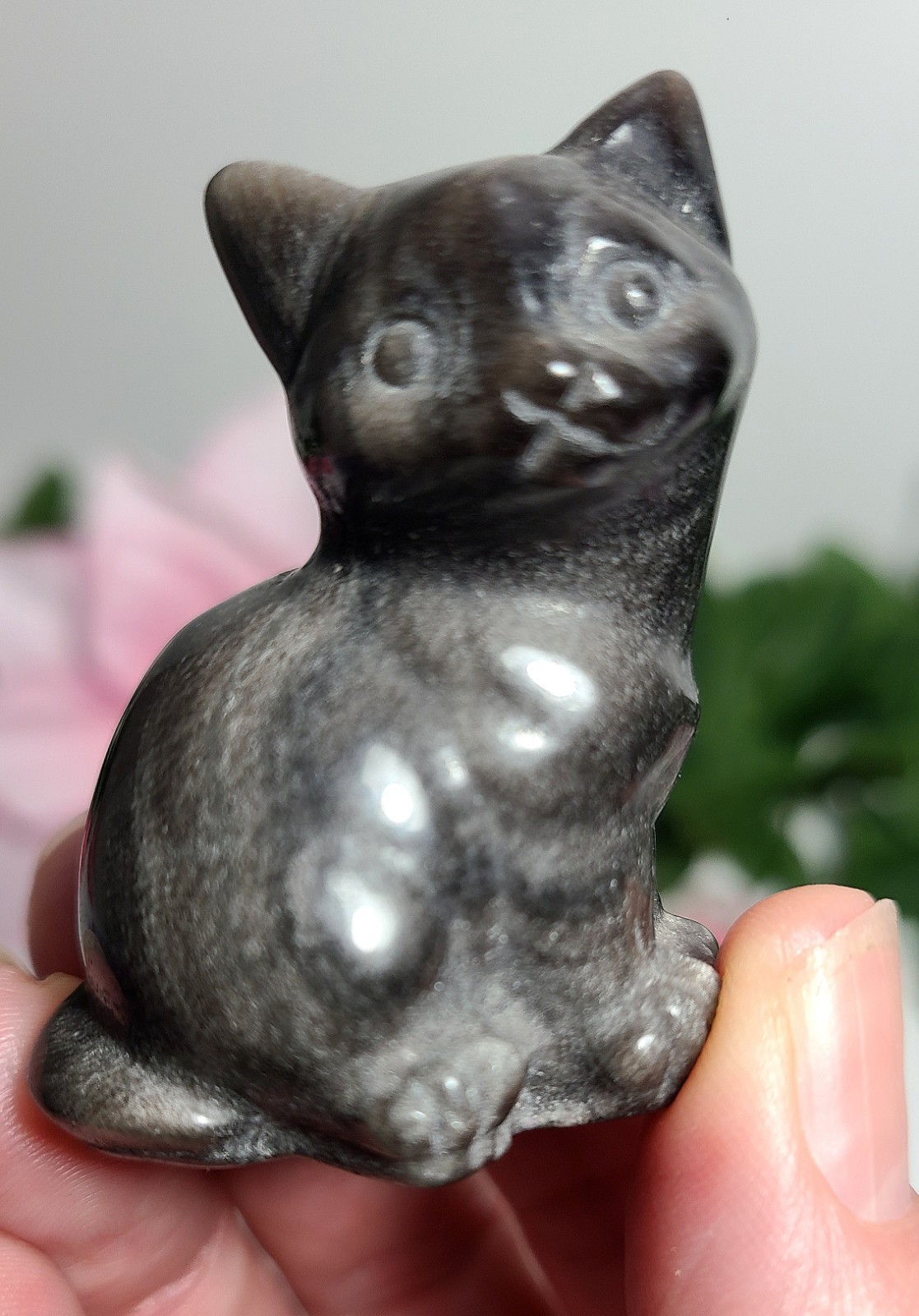 2″ 54g Adorable Silver Sheen Obsidian Sitting Cat Crystal Stone Carving Statue