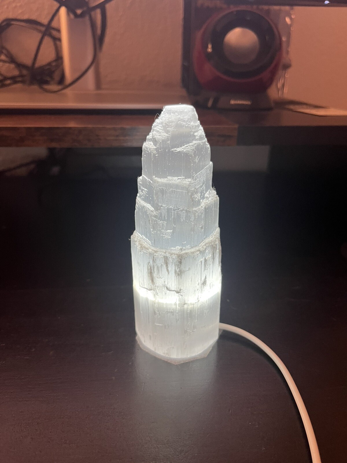 Natural Selenite Tower Healing Crystal Energy Lamp – LED and on/off switch incl.