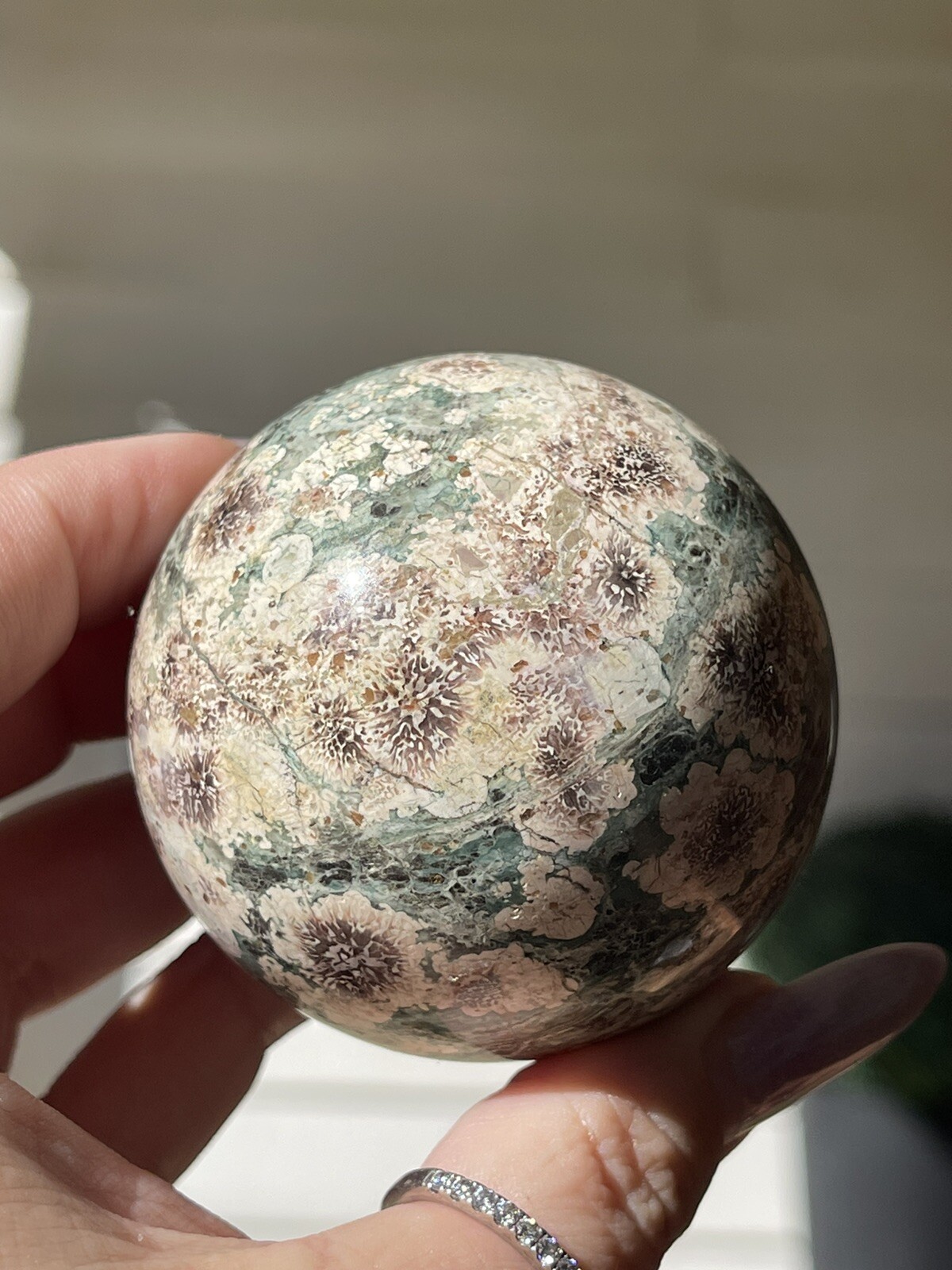 Natural Flower Jasper Sphere , Rhyolite Polished Orb , Green Russian Jasper 61mm