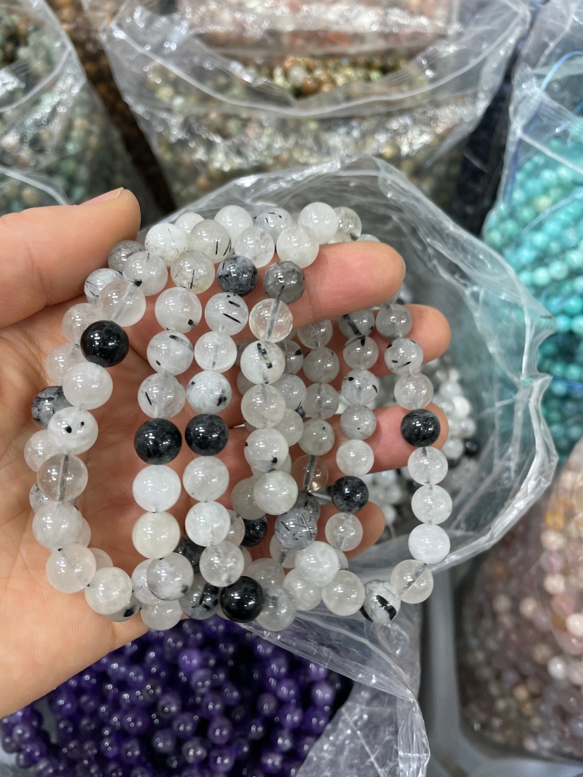 5pc 8mm Natural Rutilated Bead Bracelet Reiki CrystalQuartz Healing Decorate