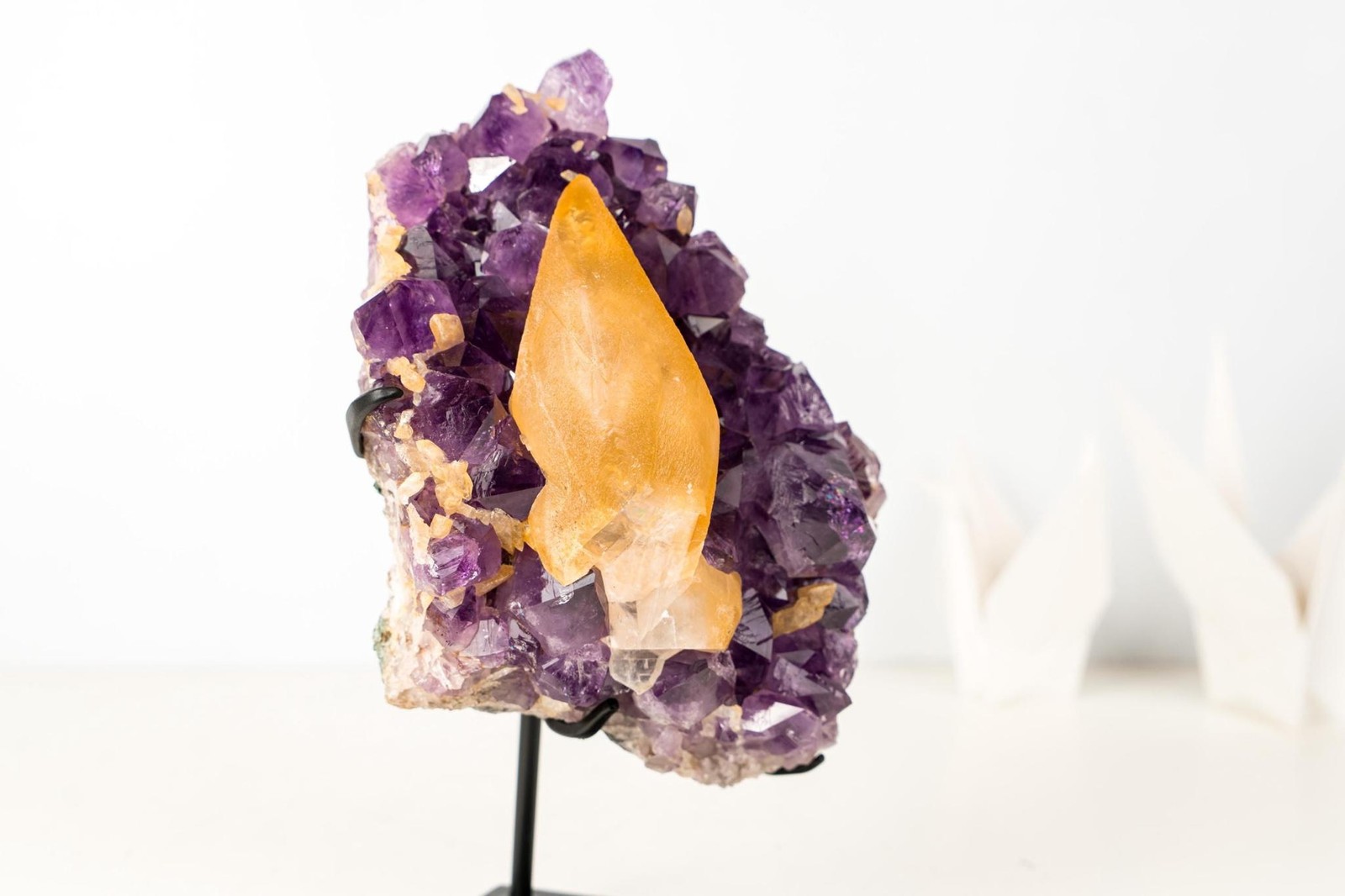 Rare Golden Yellow Calcite Specimen on Deep Purple Amethyst Cluster