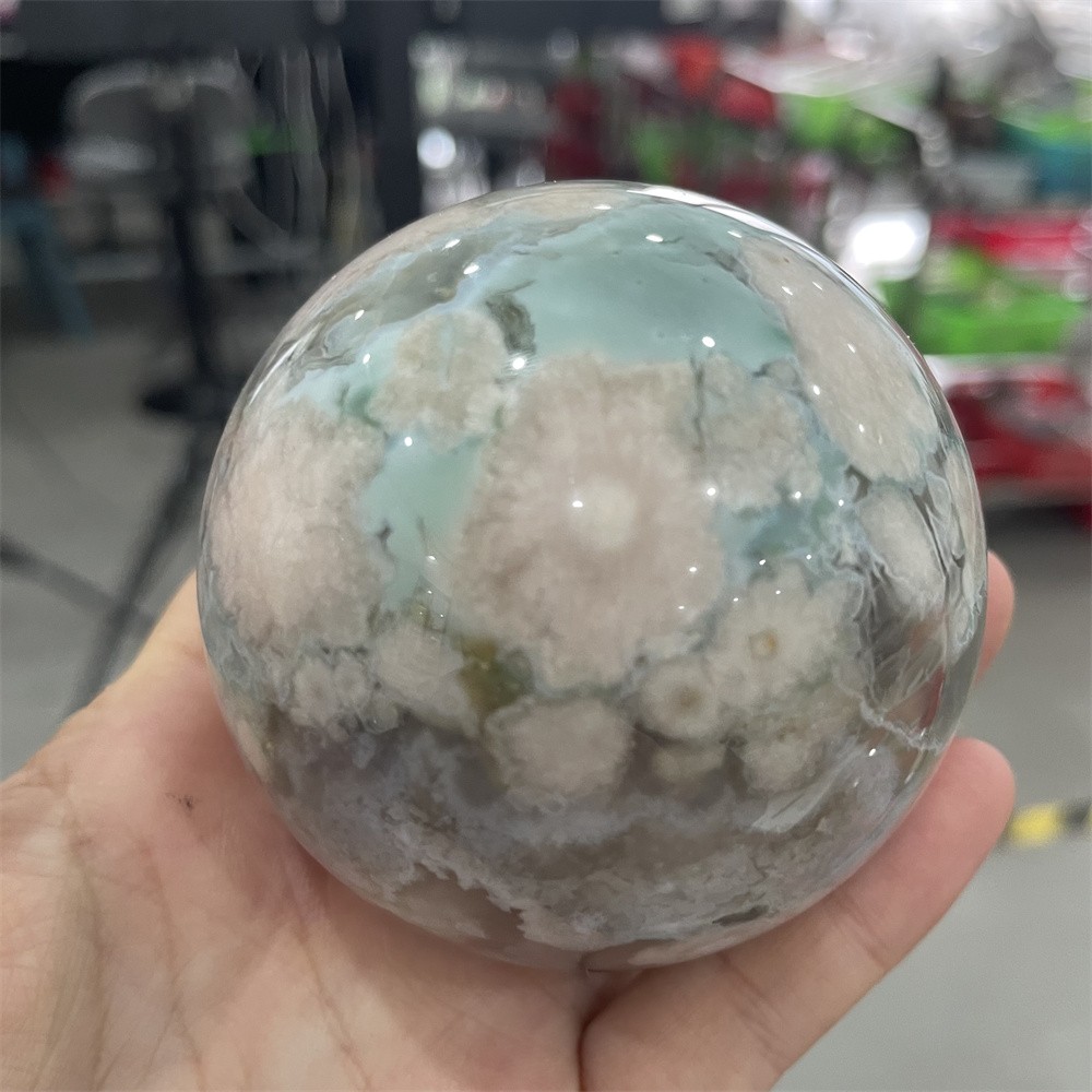 0.8LB 2.3″Hot Sale A+Natural Green Flower Agate Sphere Crystal Reiki Ball Decor