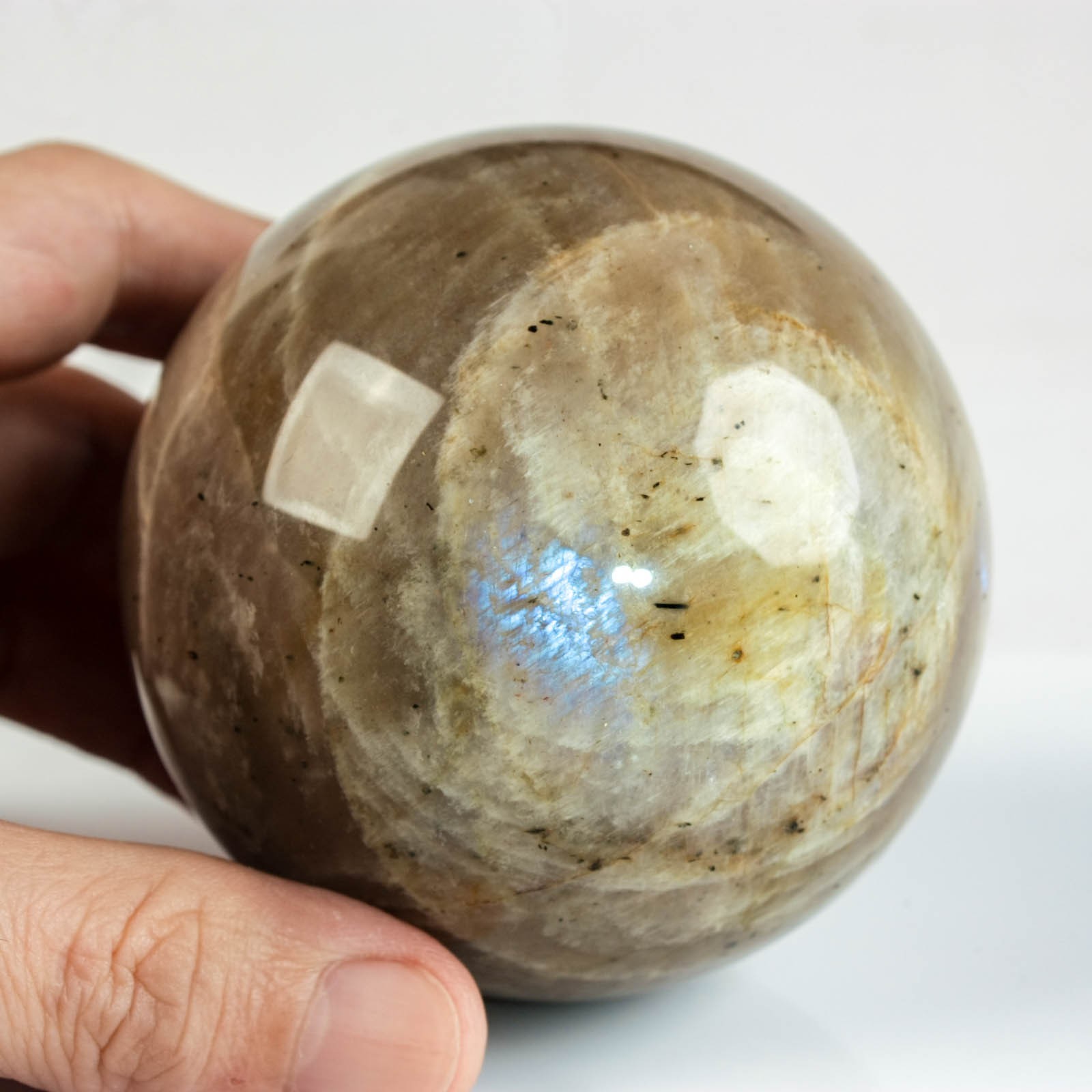 3.1″ 1.43LBS Moonstone Sphere Natural Blue Flash Crystal Ball Mineral Specimen
