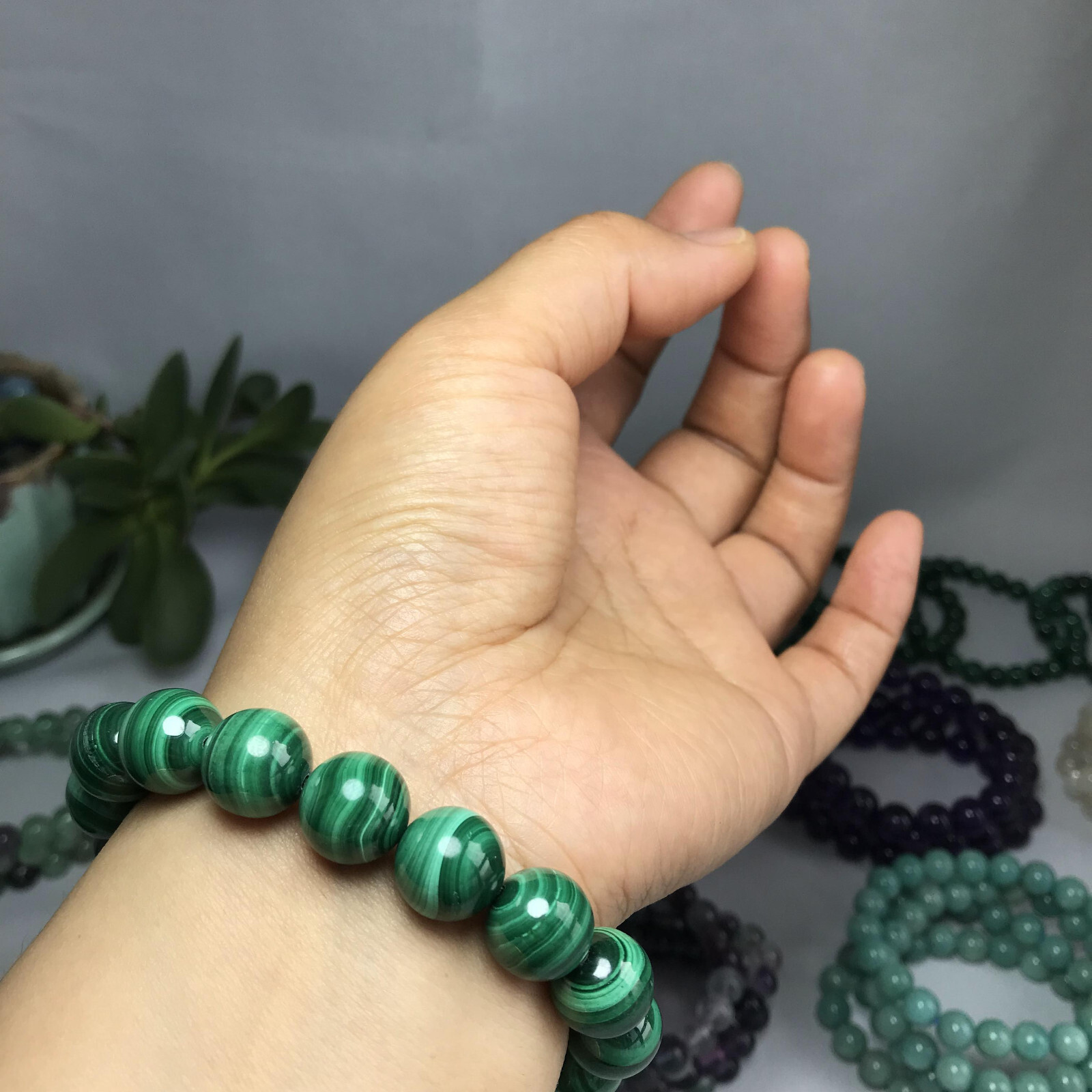 12mm Natural malachite gemstone Crystal chain beads bracelet 62-33g A5261