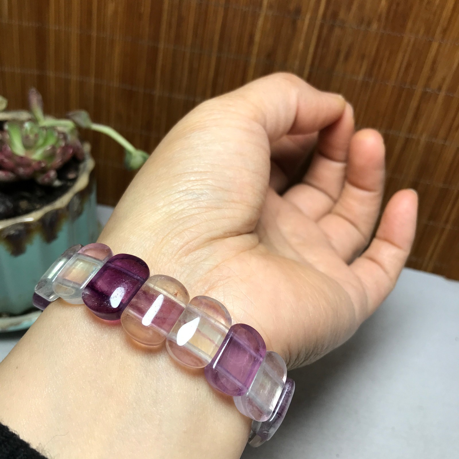 Natural Colored fluorite Bracelet Brown Gemstone Stretch Bracelet Handmade A4093