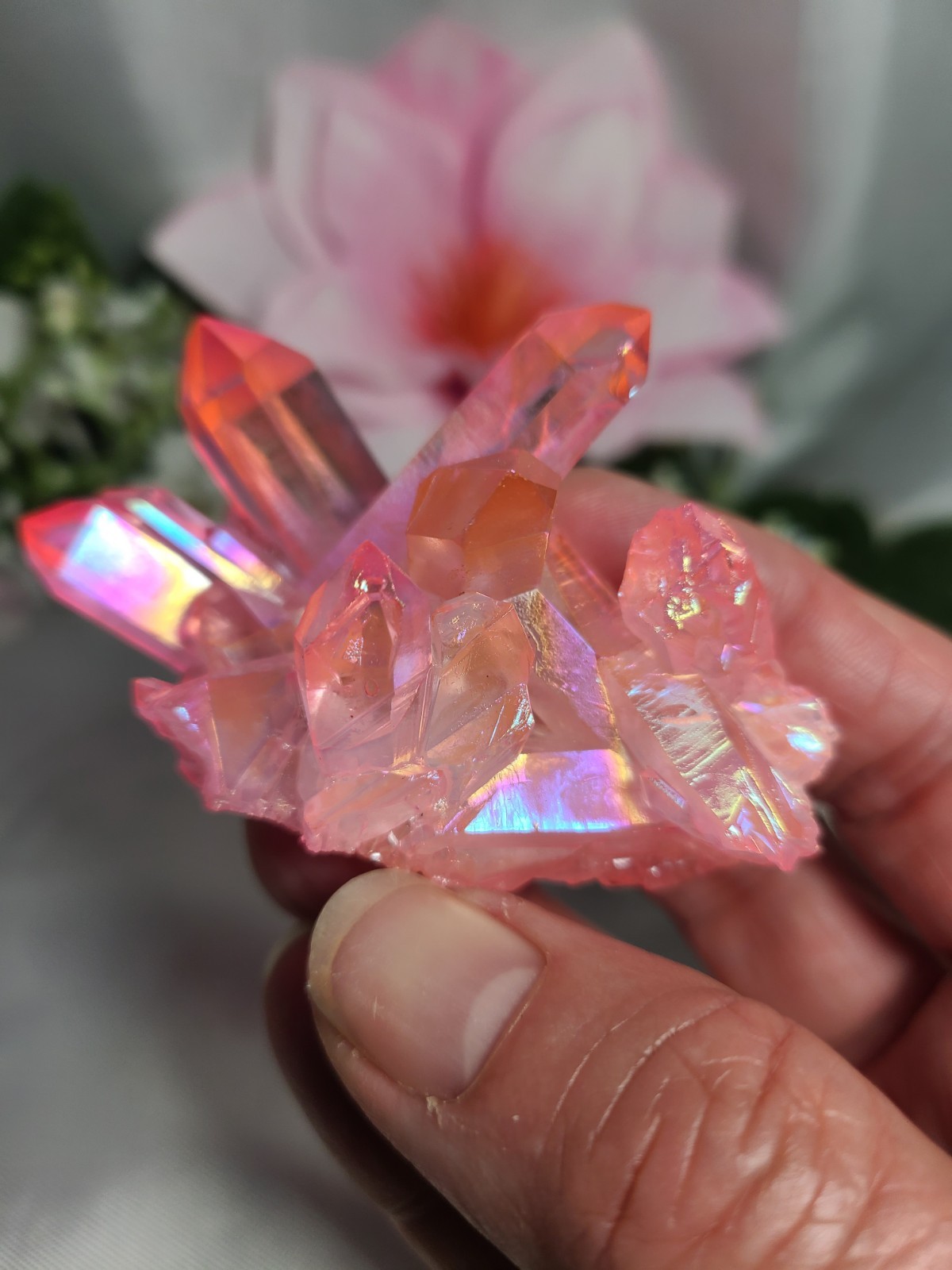 2.6″ 65g Beautiful Brazilian Pink Rainbow Aura Quartz Crystal Cluster Point