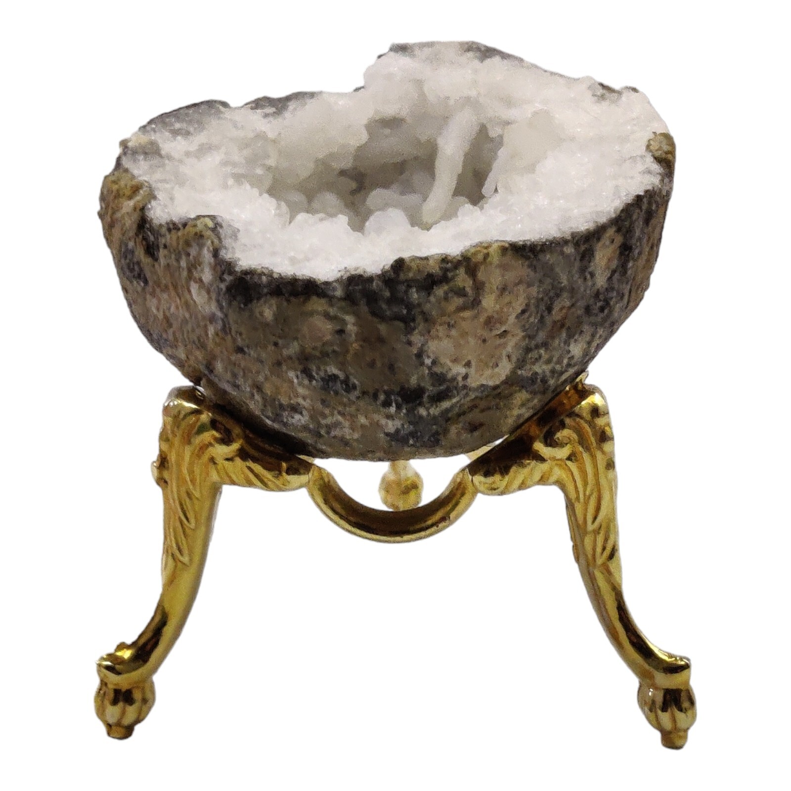 Crystal Stone Irregular Natural Stone Slice Quartz Cluster On Gold Footed Stand