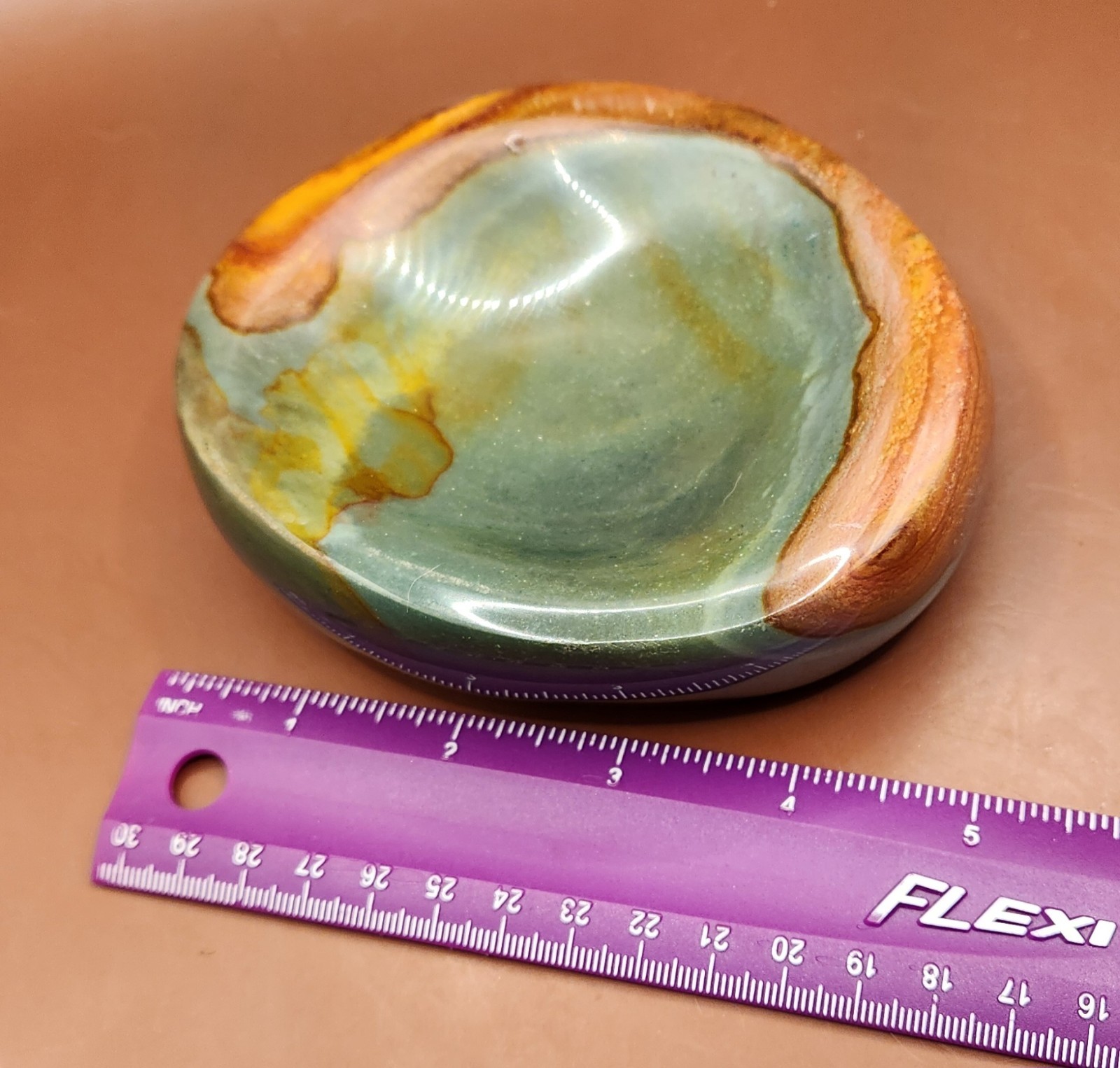 Matching Pair Polychrome Jasper Carved Dishes Teal Orange Madagascar Set