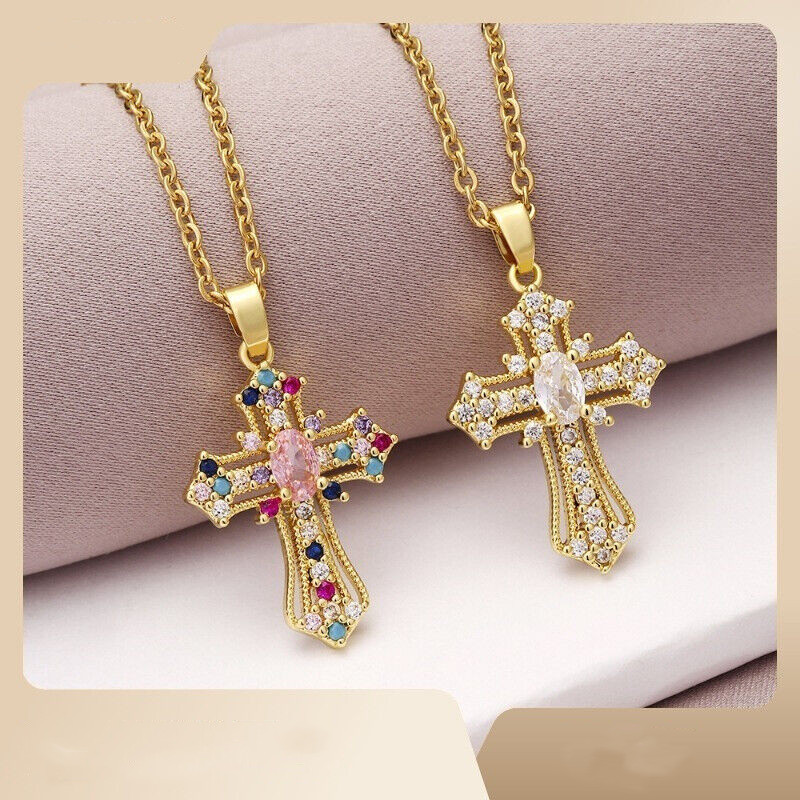 Women’s Fashion Jewelry Cubic Zircon Gold Cross Pendant Personality Necklace