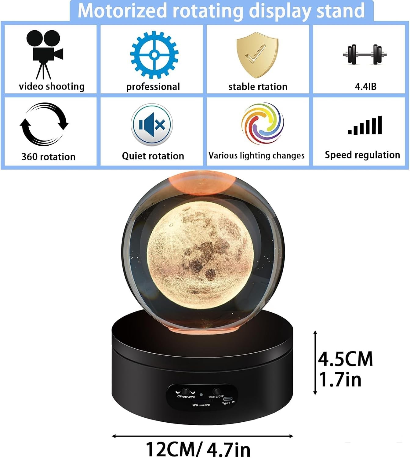 LED Rotating Display Stand 360° Lighted Base for Crystal Glass Art 4.72in