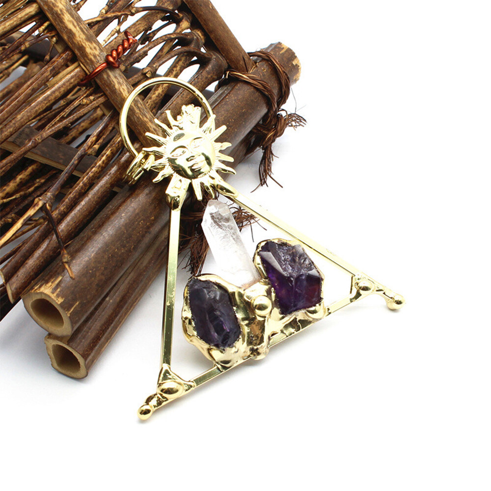 Natural Crystal Pendant Sun Stone Triangle Clear Quartz God Retro Chakra Vintage