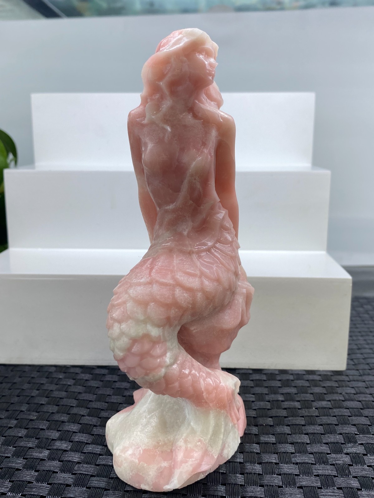 6.2” Natural Pink Opal mermaid skull Carved Quartz Crystal reiki healing gift