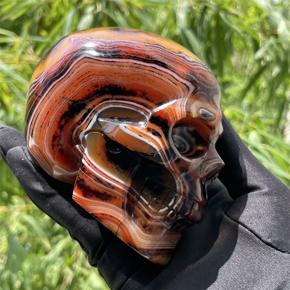 1.7LB 3.7″ A++Flower Sardonyx Agate Skull Crystal Quartz Mineral Decor Carved