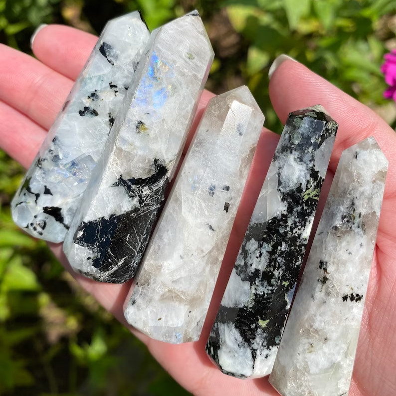 Rainbow Moonstone Natural Stone Healing Crystal Tower Point Wand Reiki Obelisk