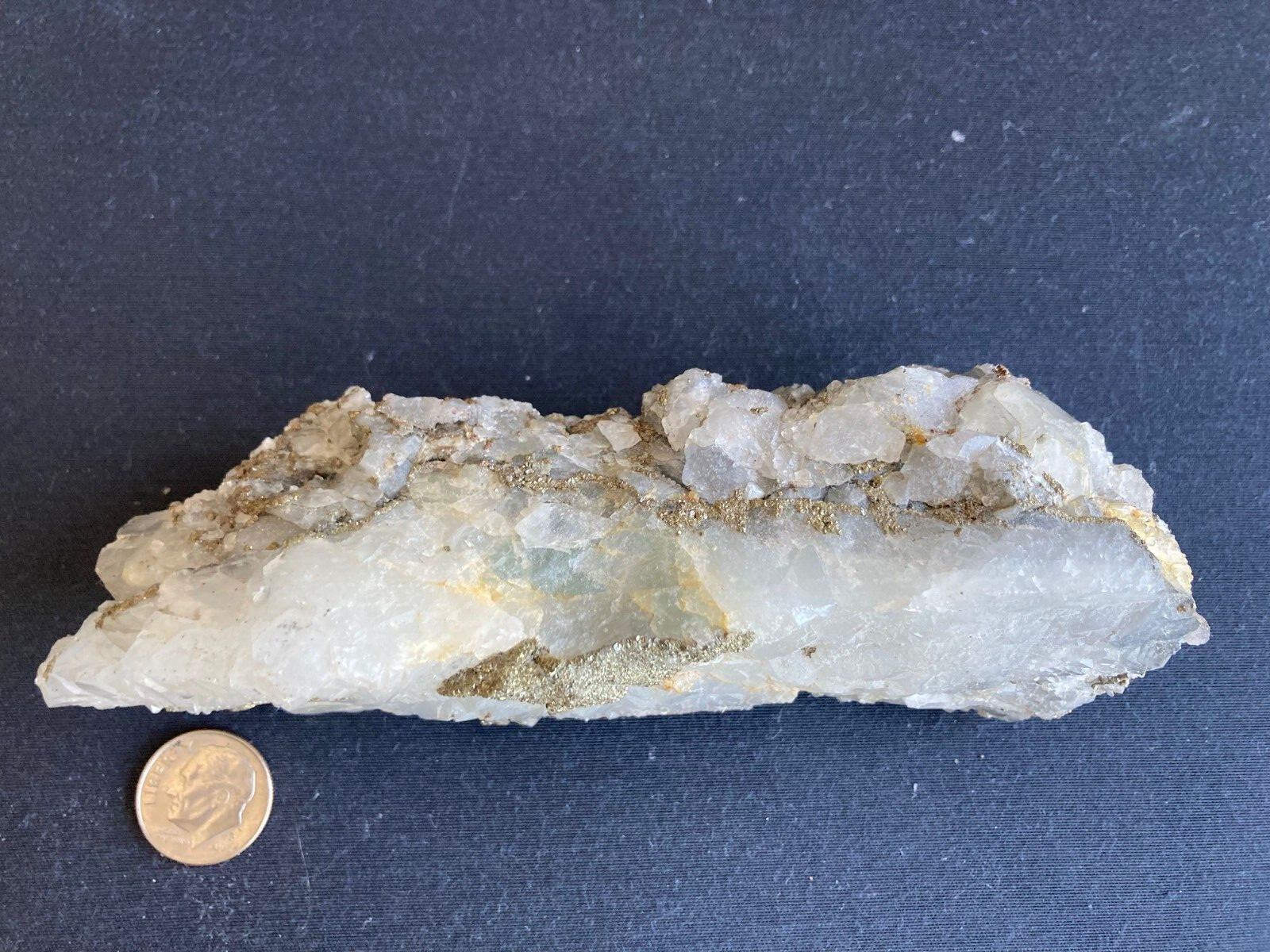 Natural Mineral Collectable Pyrite – Fools Gold in White Quartz 6″ x 2″ x 2″