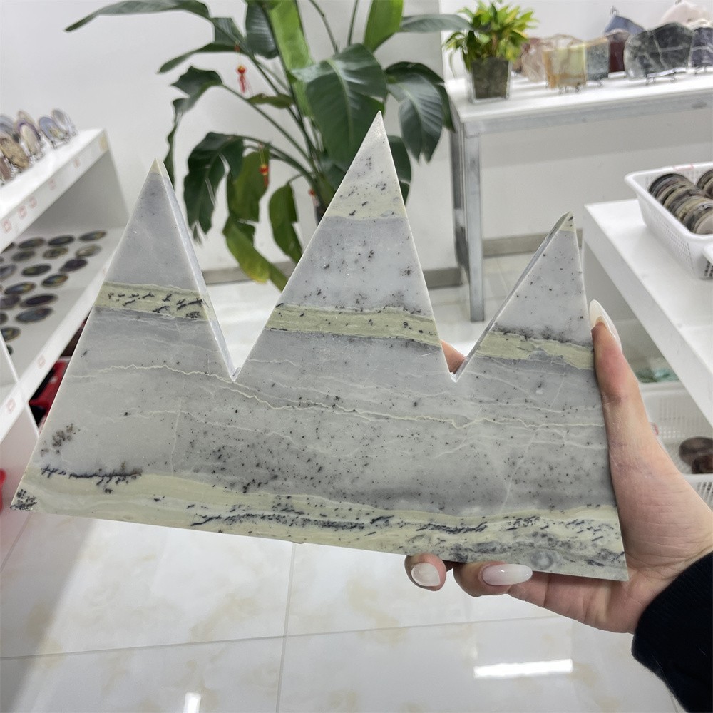 2.9LB 9.6″ Natural Dendritic Jade Triangle Mountain Decor Crystal Quartz Energy