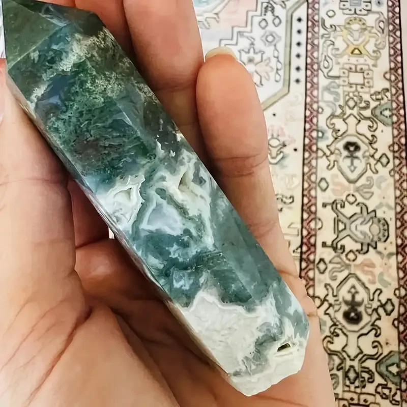 Moss Agate Crystal Tower Point Healing Crystal Obelisk Green Gemstone Tower Wand