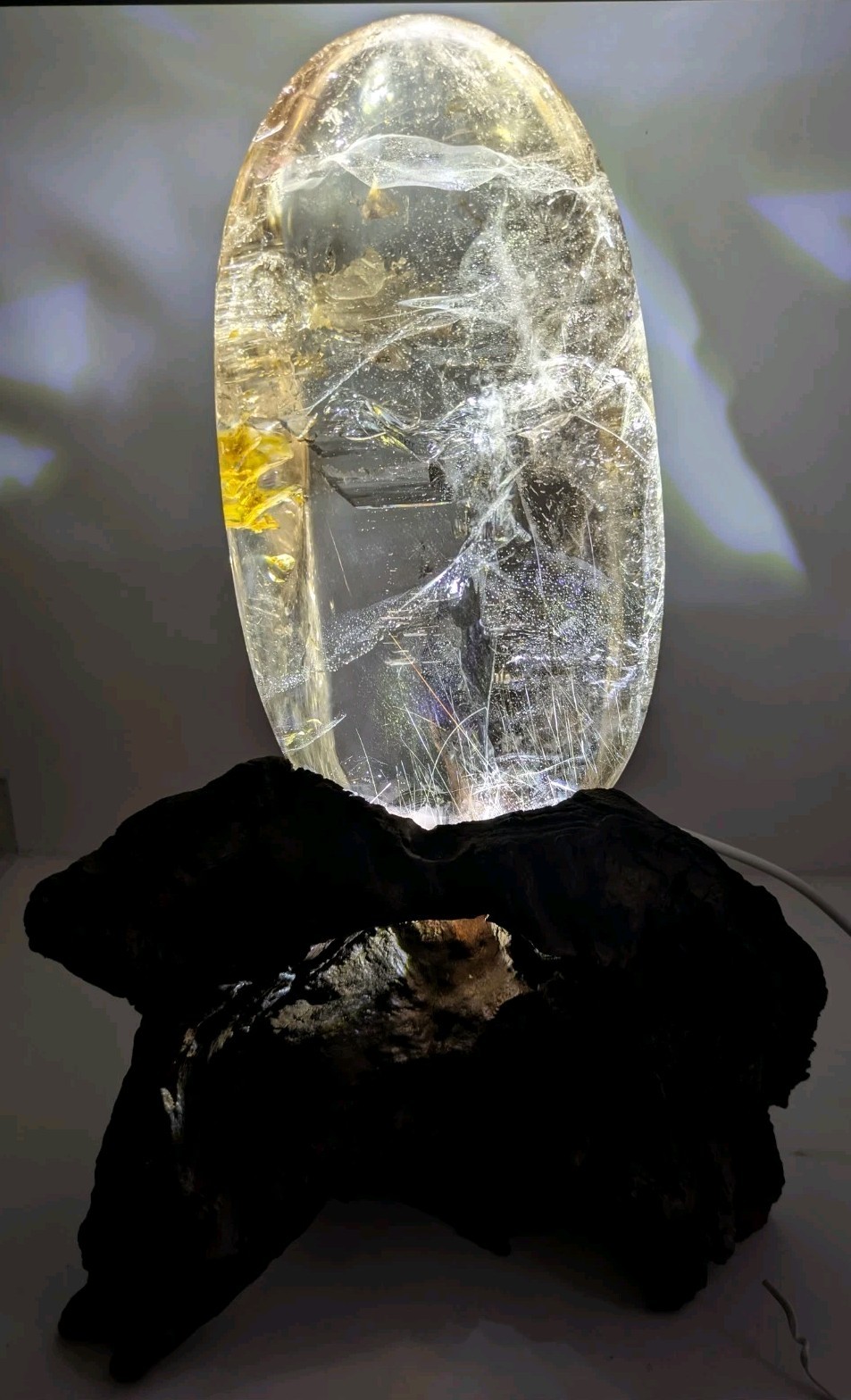 Large 2lb Polished Clear Quartz Crystal w/ Inclusions With Water And Light Stand