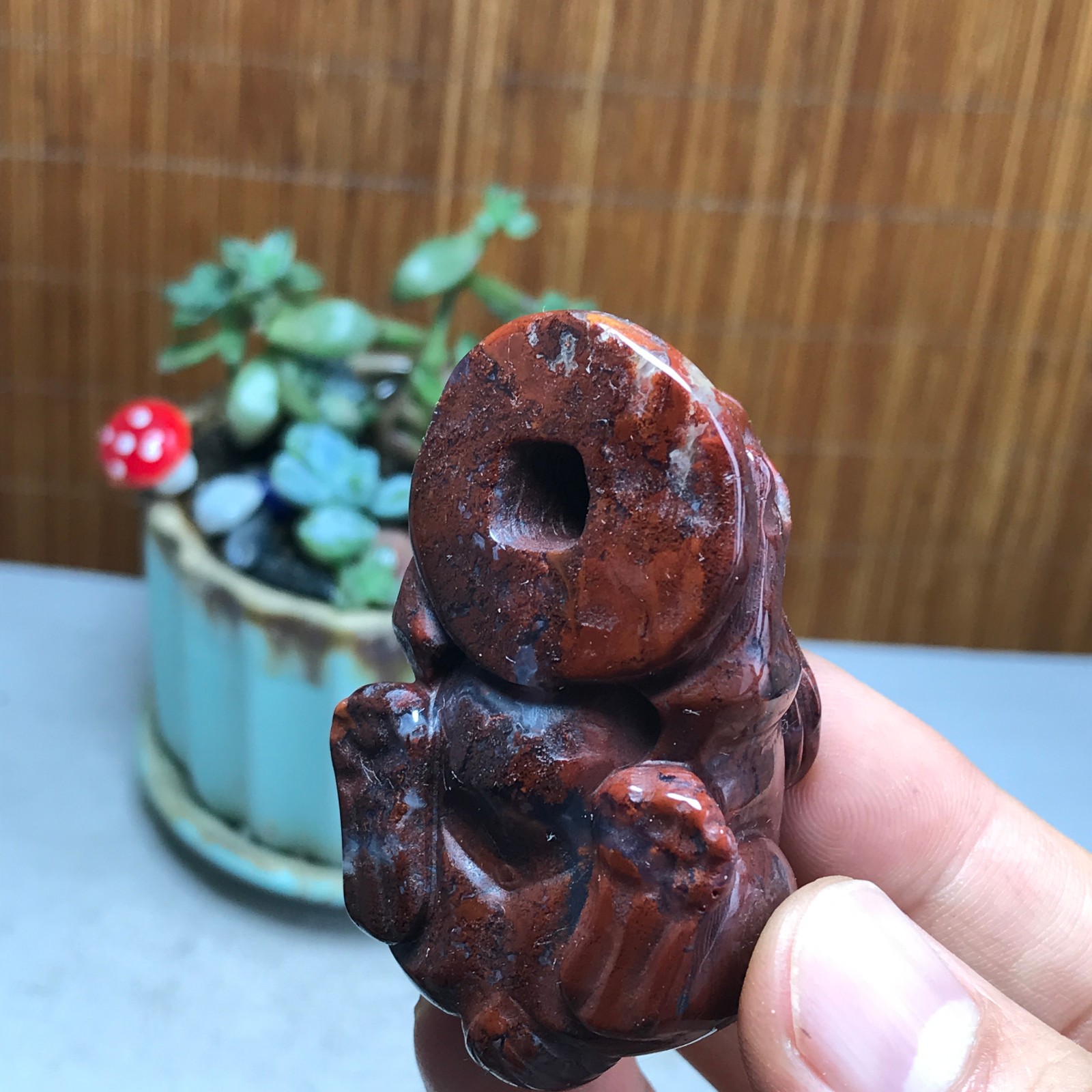 Natural bloodstone carve Rabbit & Copper Coin Figurine, Feng Shui Wealth Luck 82