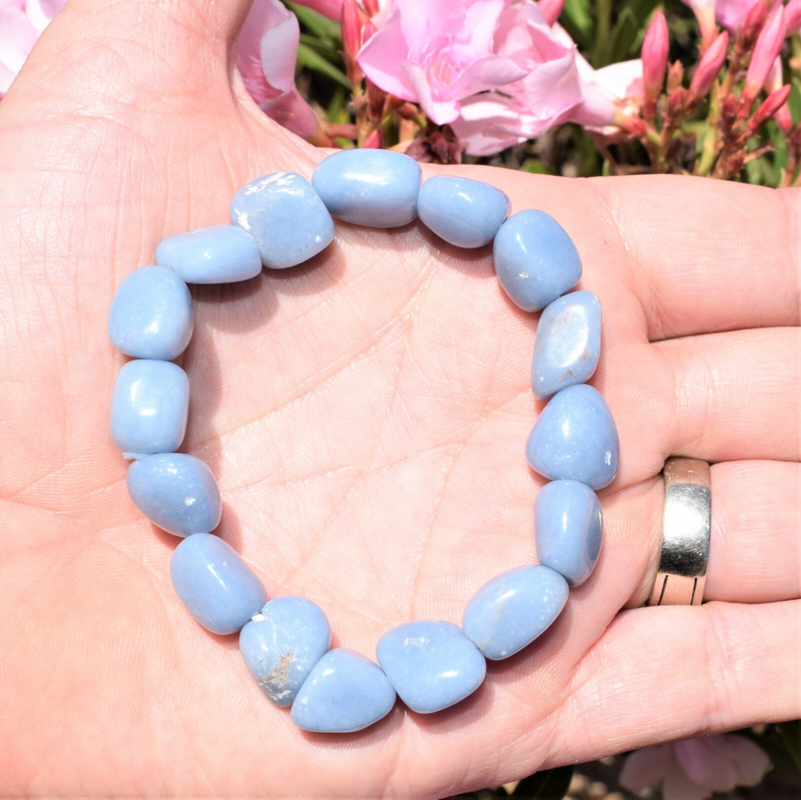 CHARGED Angelite Crystal Nugget Stretchy Bracelet + Selenite Puffy Heart