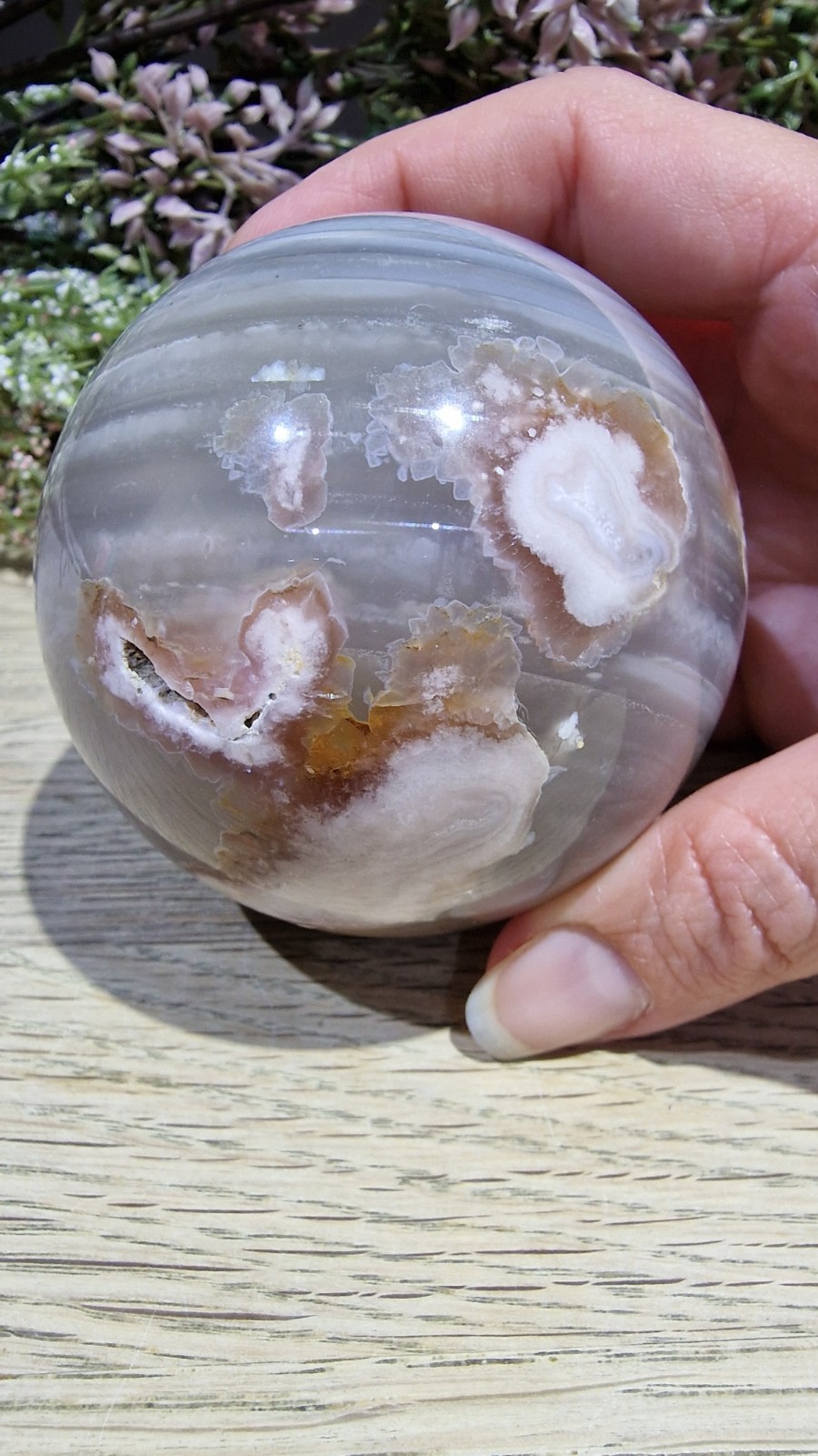 Flower Agate Crystal Sphere 537g 73mm UV Reactive Free Stand