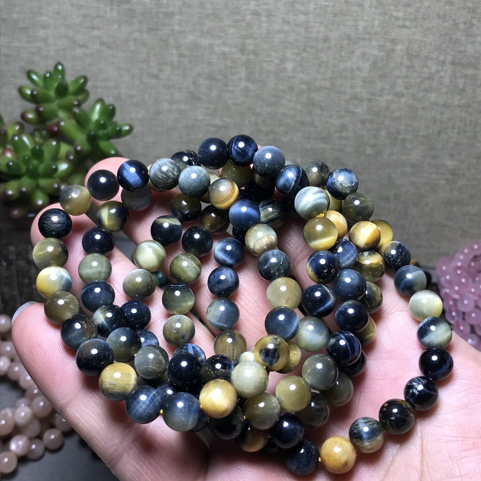 5Pcs Wholesal Natural Polish yellow Blue Tiger eye bracelets Crystal ball 8mm