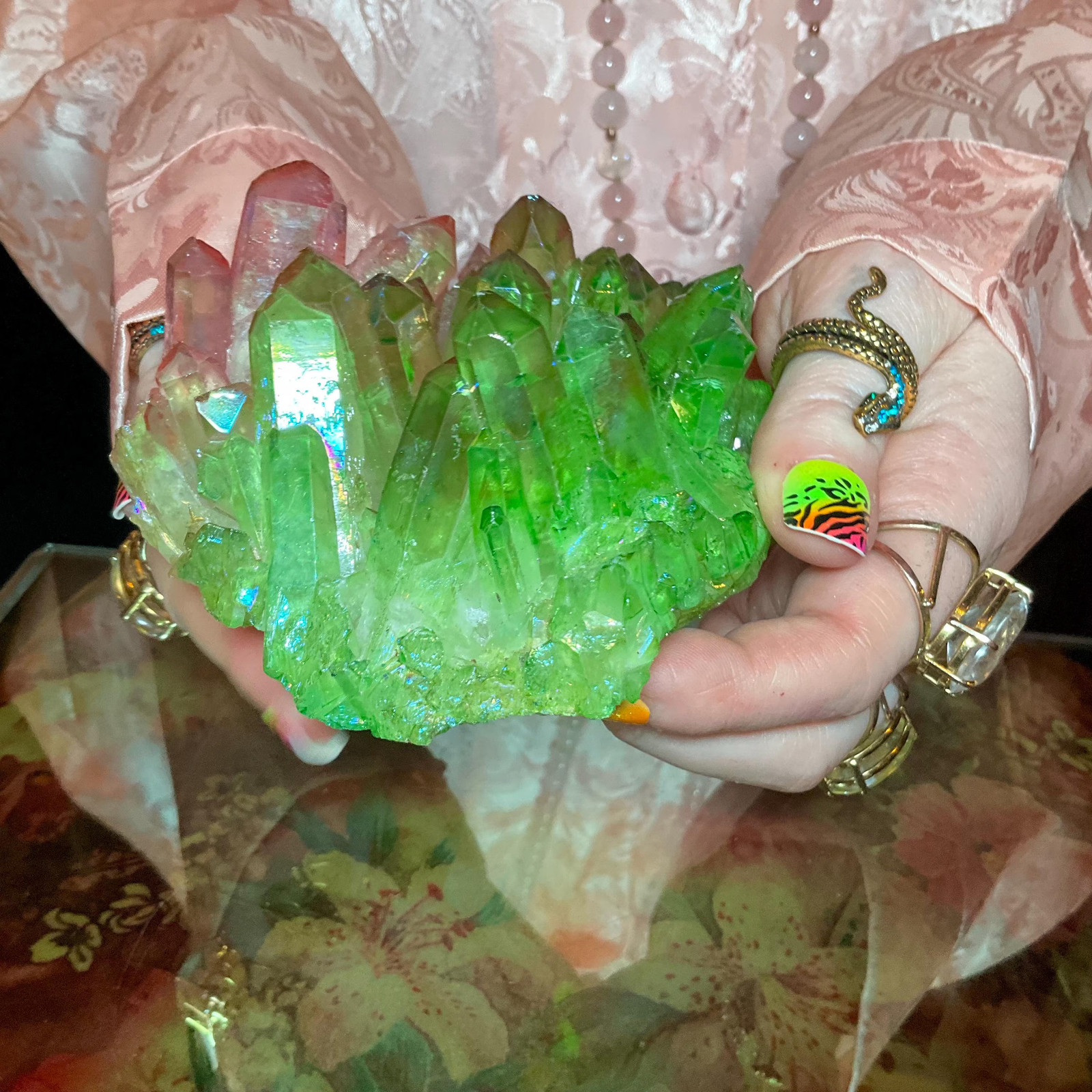 Pink & Green Aura Quartz Crystal Cluster ~ Large 1 Lb. 4 oz. ~ 4″ Long ~ Electr