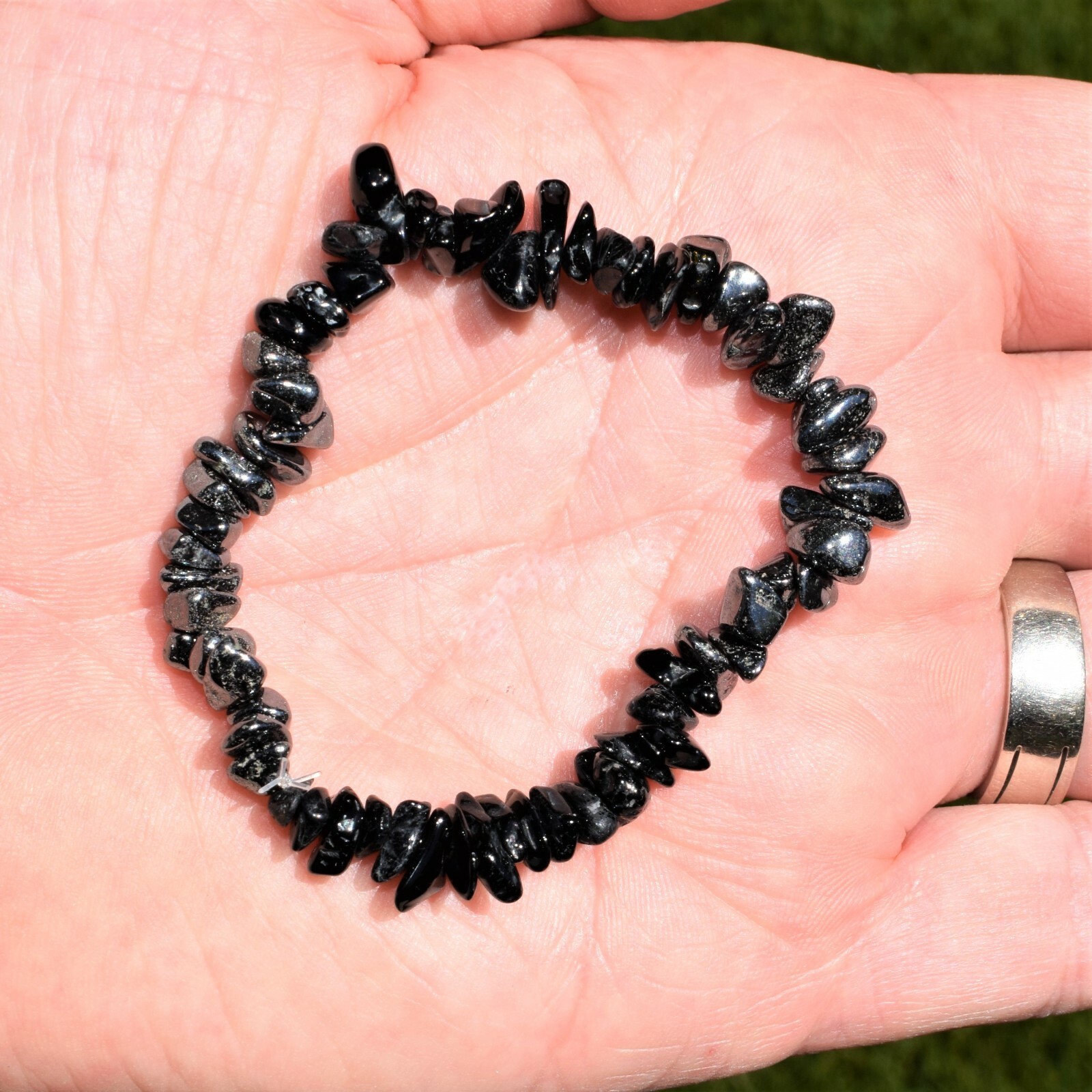 CHARGED Black Tourmaline Hematite Crystal Chip Stretchy Bracelet + Selenite
