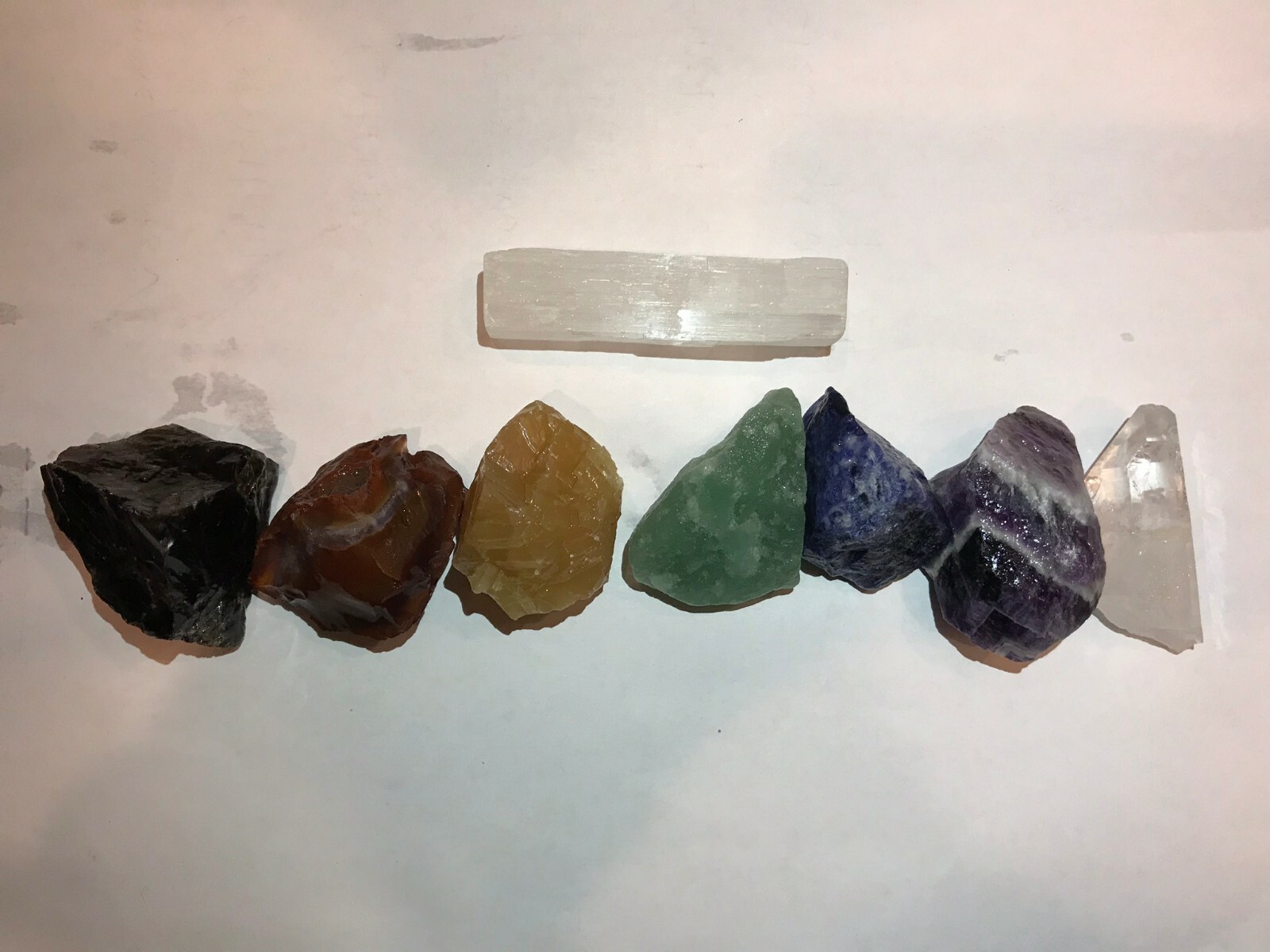 Large Chakra Stones Set: 7 Rough Crystals & Raw Selenite 3/4 Lb+ (CHARGED ROCKS)