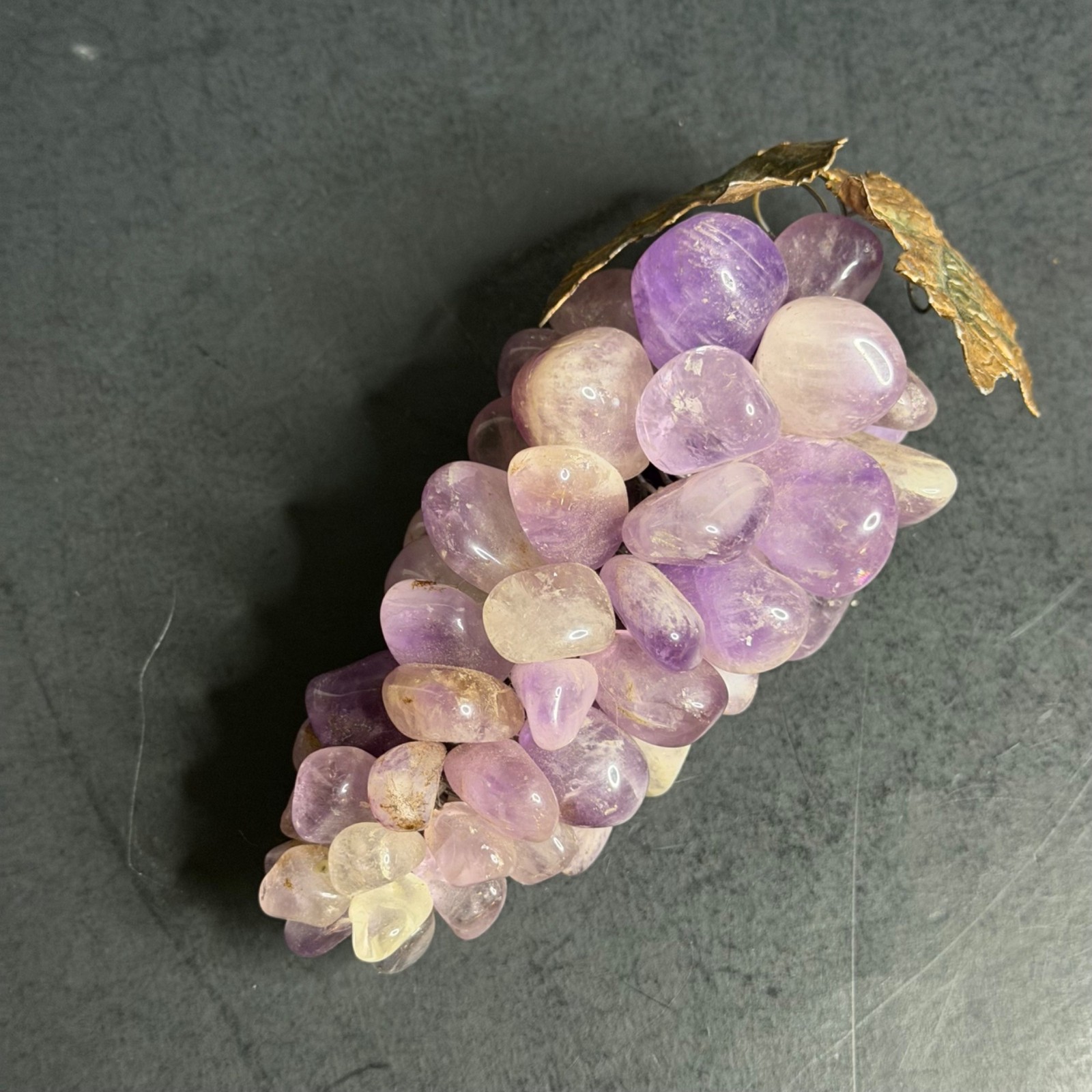 Polished Amethyst Purple Quartz Crystal Grape Cluster Brass Leaf Paperweight