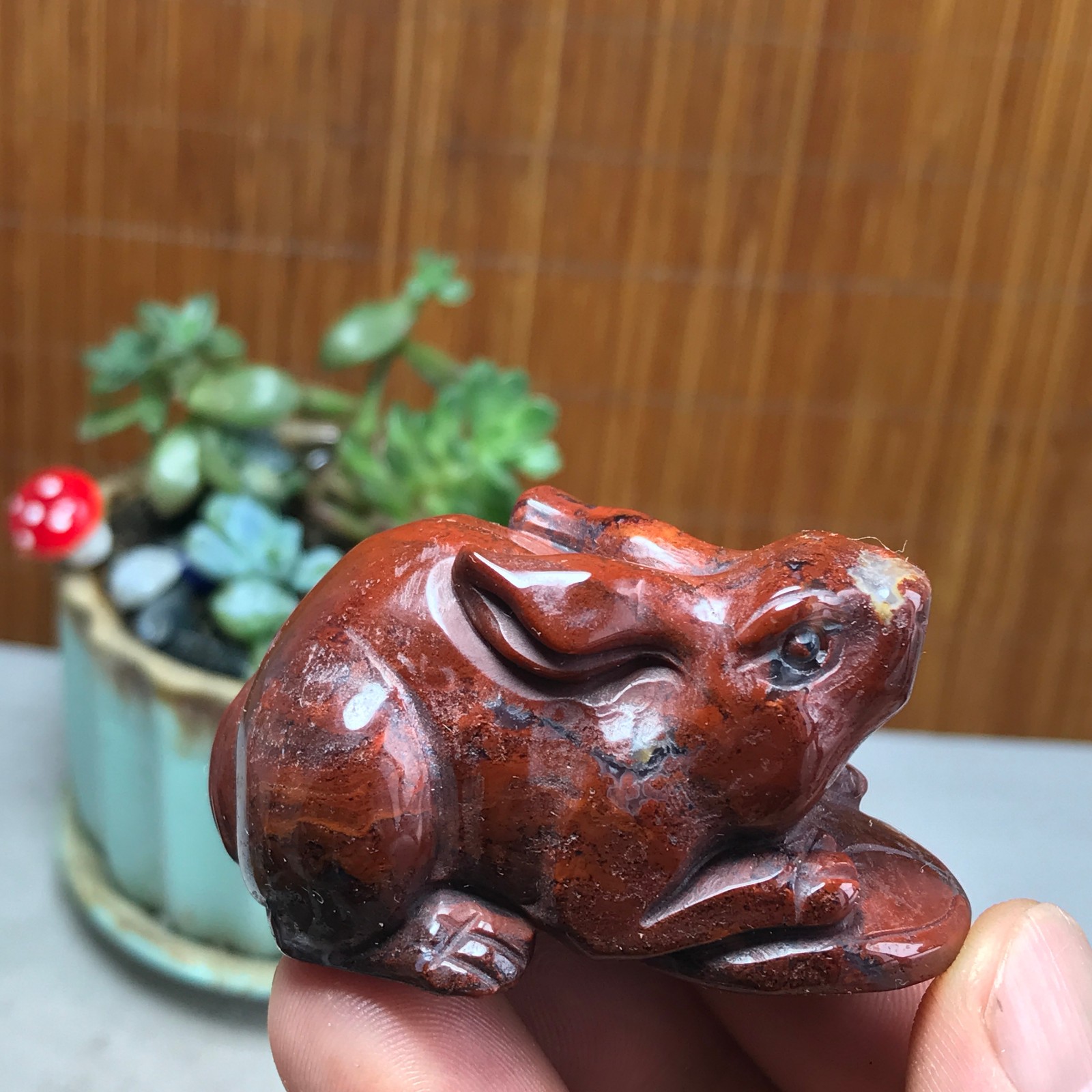 Natural bloodstone carve Rabbit & Copper Coin Figurine, Feng Shui Wealth Luck 82