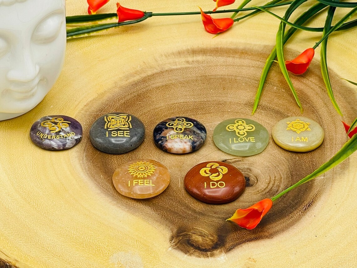 7 Chakra Round Palm Smooth Stone Set Engraved Affirmation Symbols, Velvet Pouch