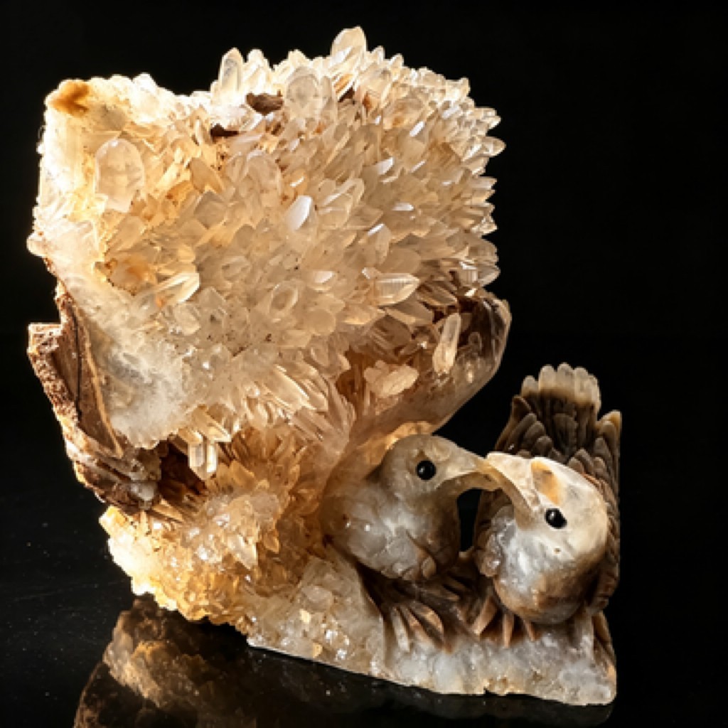 Hand Carved Crystal Cluster Bird Figurine – Natural Raw Stone Desk Decor Sculptu